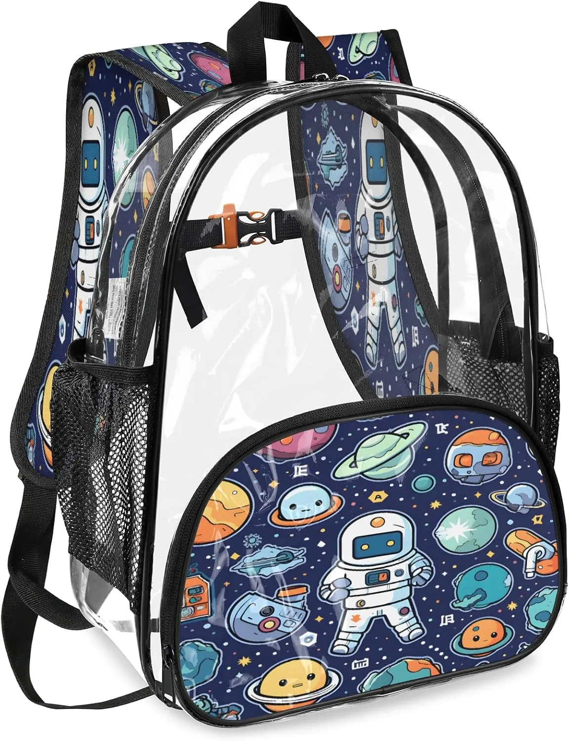 KOBLEN Cosmic Space Adventure 17.1 Inch Clear Backpack, Heavy Duty Transparent PVC Daypack with Adjustable Padded Straps, Large Capacity Clear Bag for Festival, Concerts, Travel
