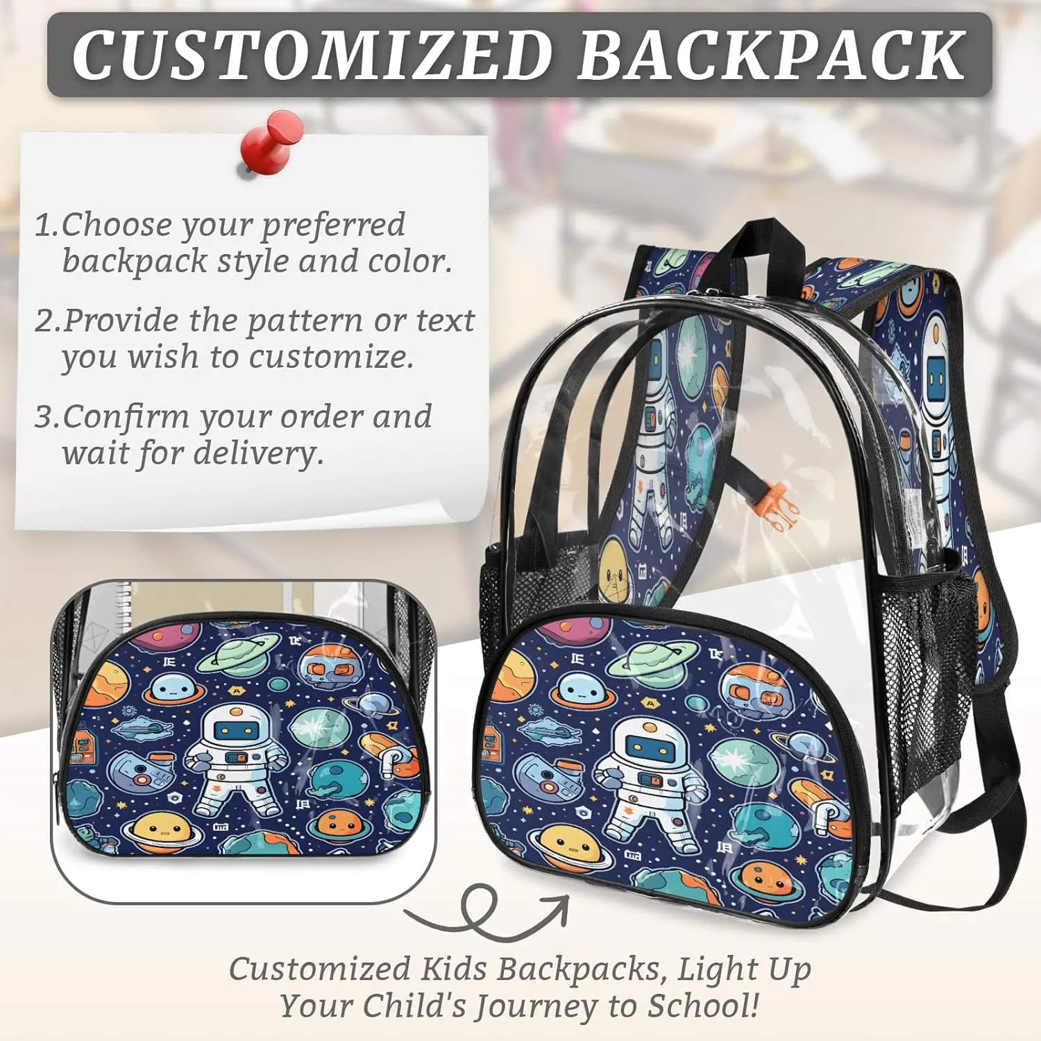 KOBLEN Cosmic Space Adventure 17.1 Inch Clear Backpack, Heavy Duty Transparent PVC Daypack with Adjustable Padded Straps, Large Capacity Clear Bag for Festival, Concerts, Travel