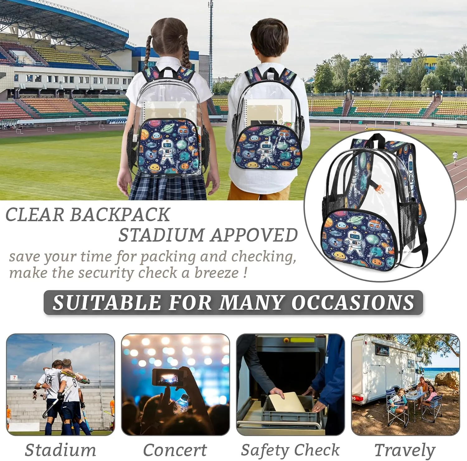 KOBLEN Cosmic Space Adventure 17.1 Inch Clear Backpack, Heavy Duty Transparent PVC Daypack with Adjustable Padded Straps, Large Capacity Clear Bag for Festival, Concerts, Travel