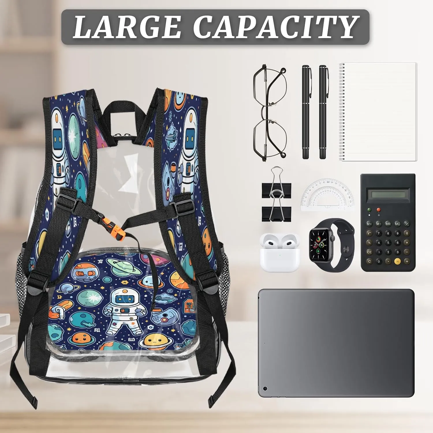 KOBLEN Cosmic Space Adventure 17.1 Inch Clear Backpack, Heavy Duty Transparent PVC Daypack with Adjustable Padded Straps, Large Capacity Clear Bag for Festival, Concerts, Travel