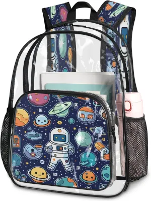 KOBLEN Cosmic Space Adventure 17.1 Inch Clear Backpack, Heavy Duty Transparent PVC Daypack with Adjustable Padded Straps, Large Capacity Clear Bag for Festival, Concerts, Travel