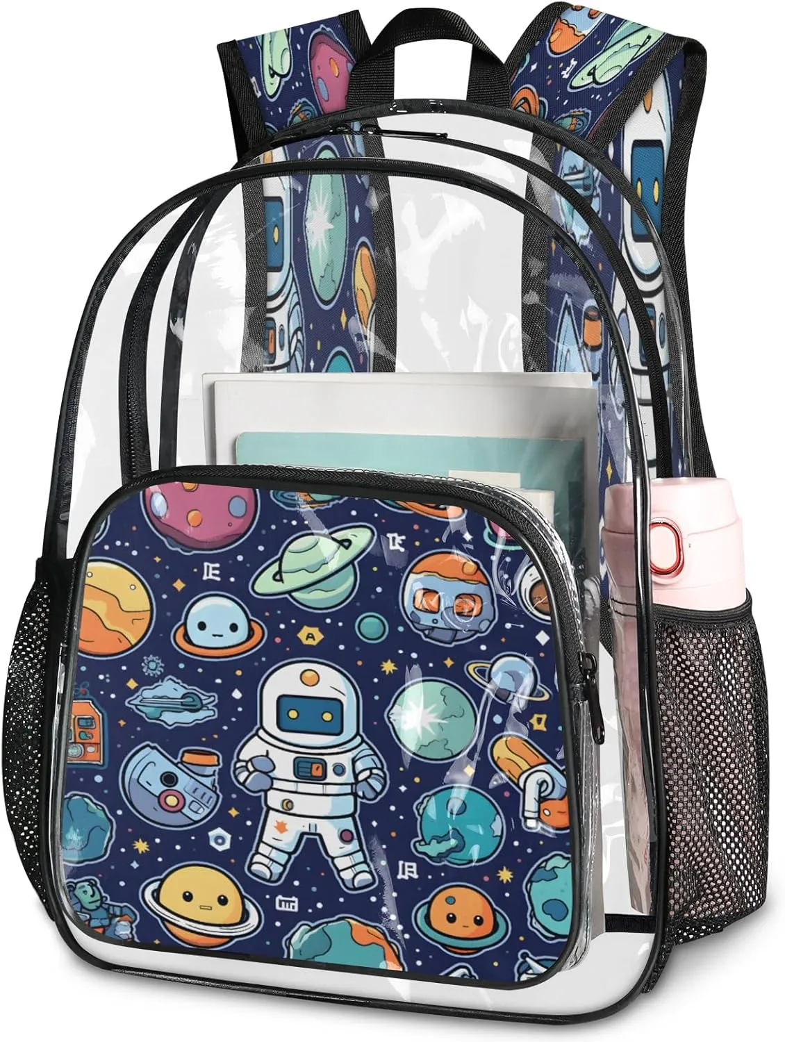 KOBLEN Cosmic Space Adventure 17.1 Inch Clear Backpack, Heavy Duty Transparent PVC Daypack with Adjustable Padded Straps, Large Capacity Clear Bag for Festival, Concerts, Travel
