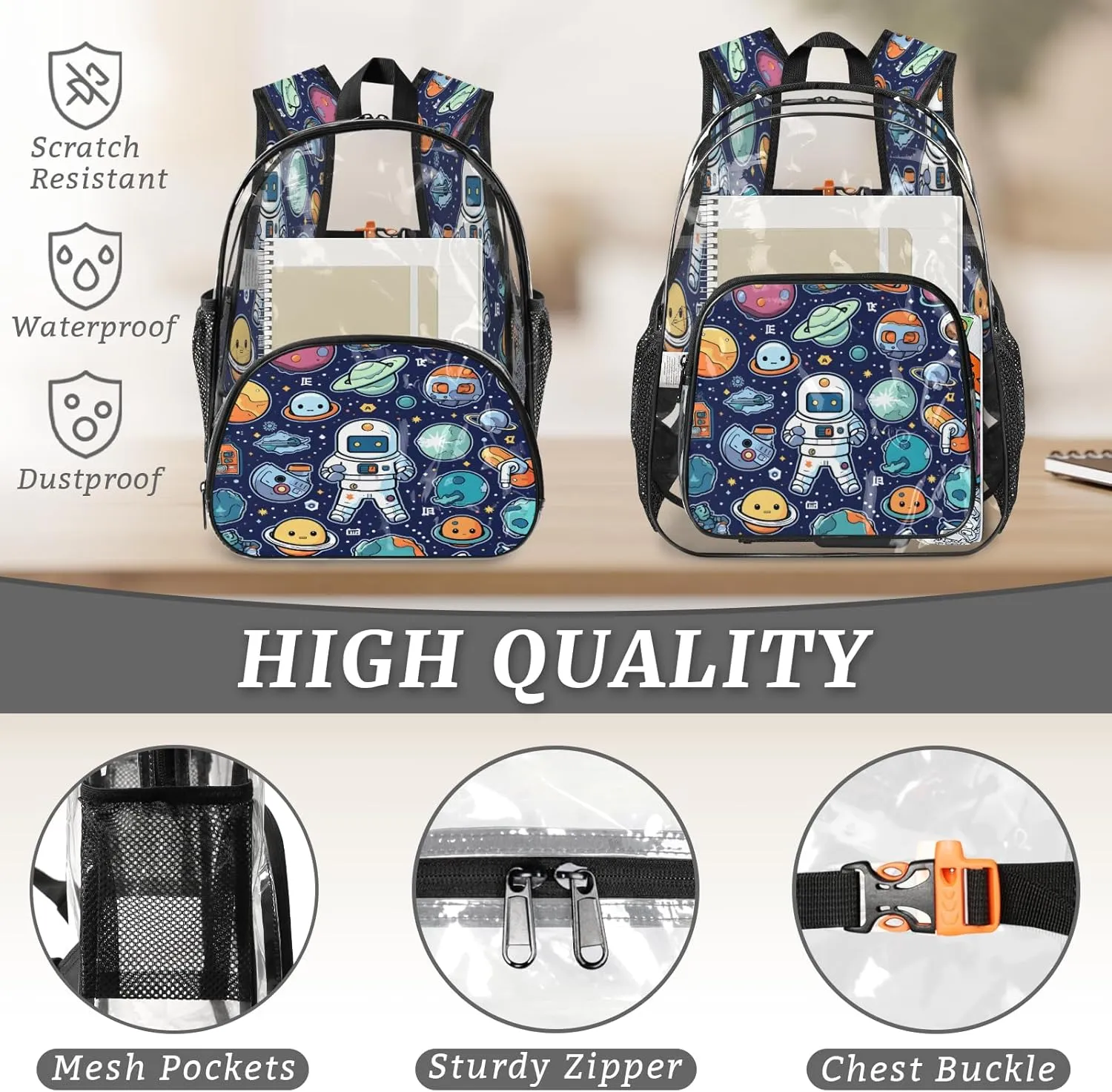 KOBLEN Cosmic Space Adventure 17.1 Inch Clear Backpack, Heavy Duty Transparent PVC Daypack with Adjustable Padded Straps, Large Capacity Clear Bag for Festival, Concerts, Travel