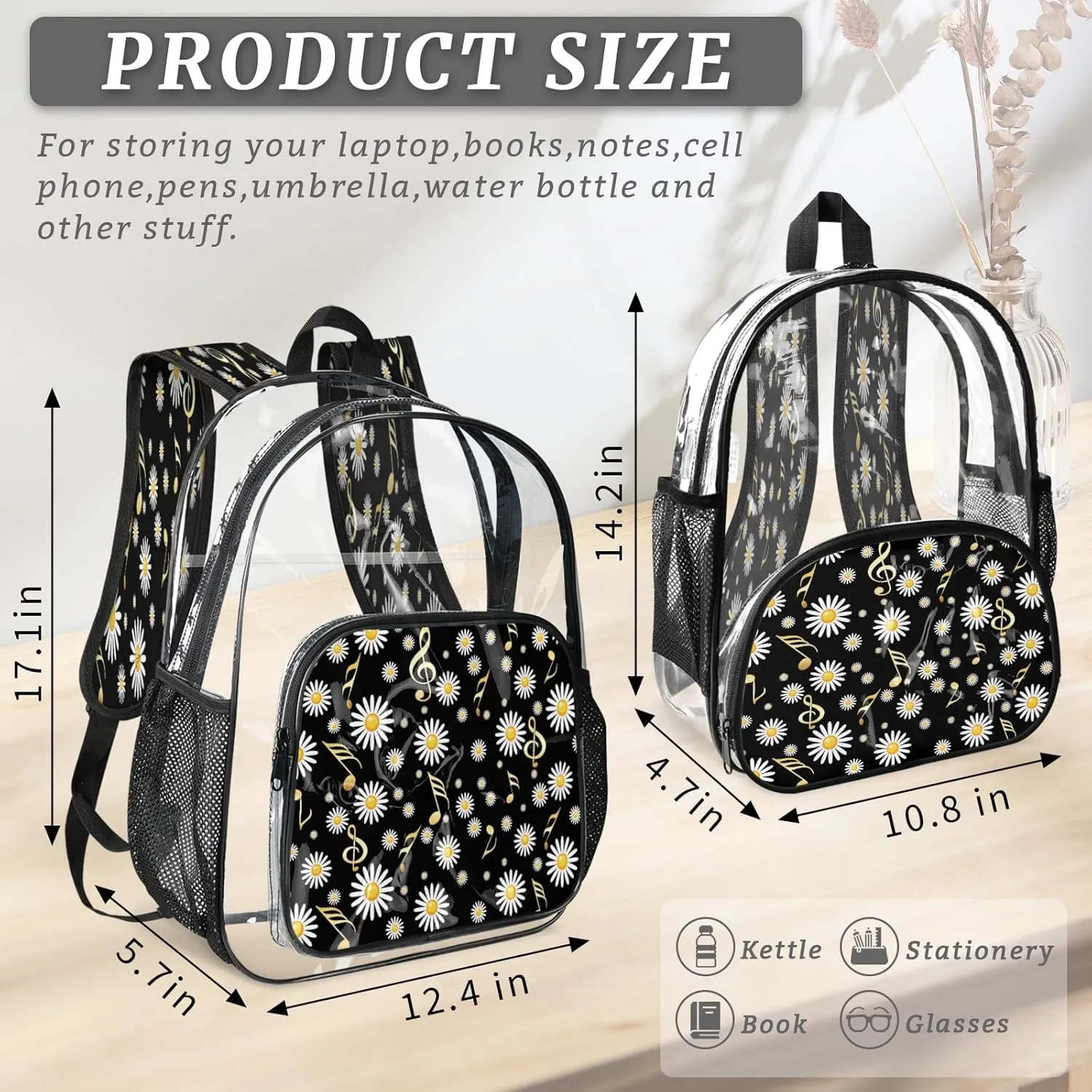 KOBLEN Daisy Music Fusion 17.1 Inch Clear Backpack, Heavy Duty Transparent PVC Daypack with Adjustable Padded Straps, Large Capacity Clear Bag for Festival, Concerts, Travel