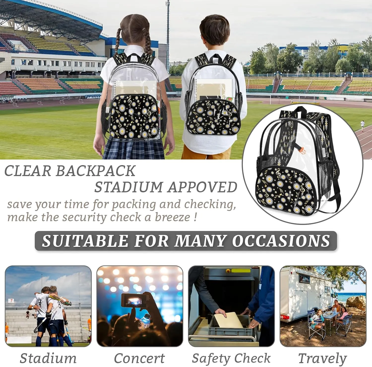 KOBLEN Daisy Music Fusion 17.1 Inch Clear Backpack, Heavy Duty Transparent PVC Daypack with Adjustable Padded Straps, Large Capacity Clear Bag for Festival, Concerts, Travel