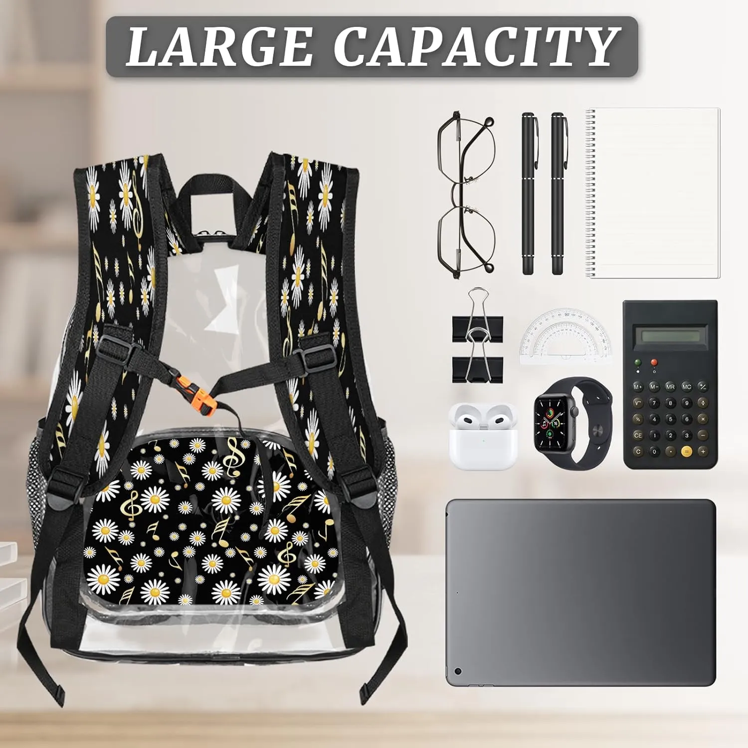 KOBLEN Daisy Music Fusion 17.1 Inch Clear Backpack, Heavy Duty Transparent PVC Daypack with Adjustable Padded Straps, Large Capacity Clear Bag for Festival, Concerts, Travel