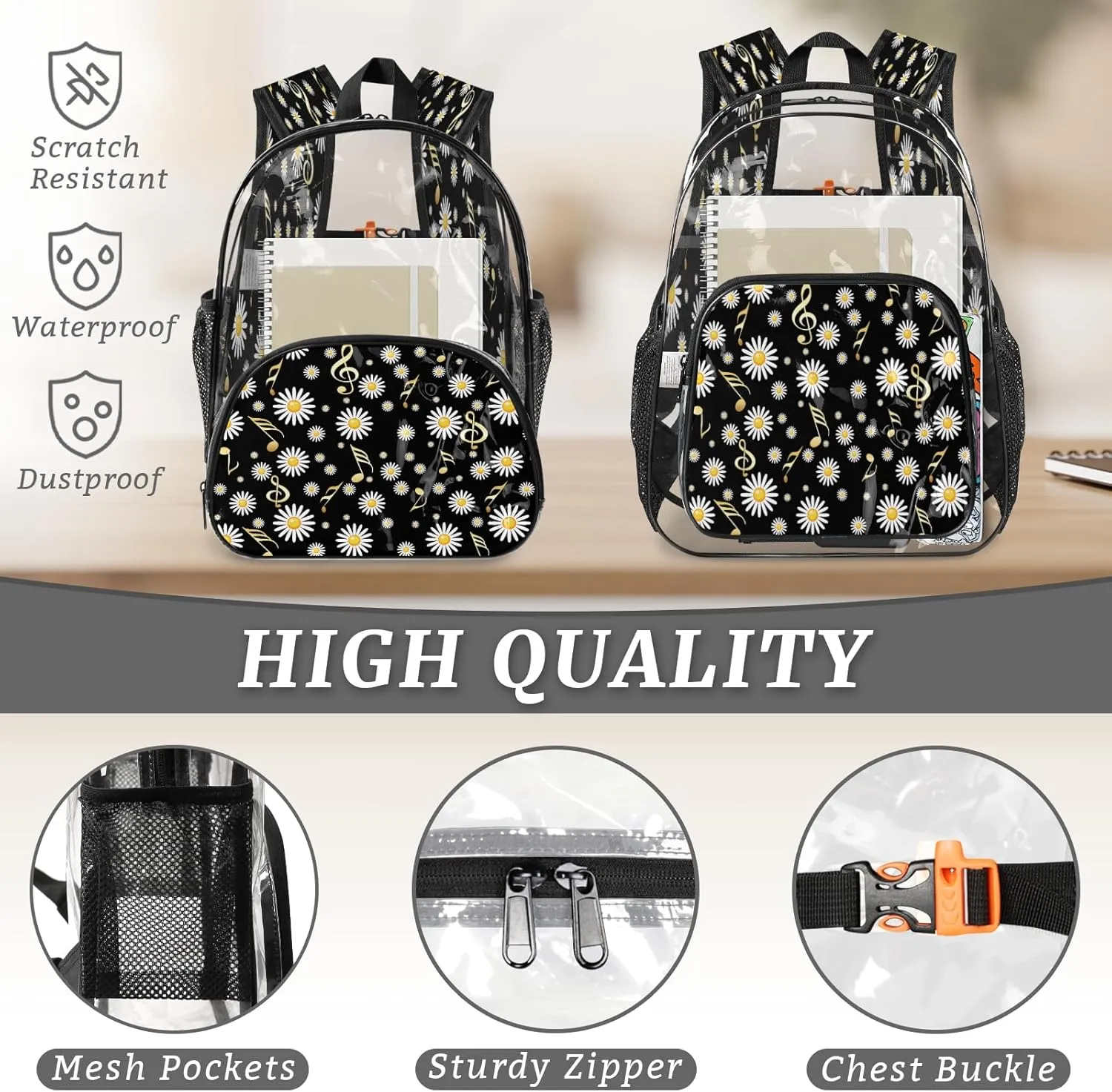 KOBLEN Daisy Music Fusion 17.1 Inch Clear Backpack, Heavy Duty Transparent PVC Daypack with Adjustable Padded Straps, Large Capacity Clear Bag for Festival, Concerts, Travel