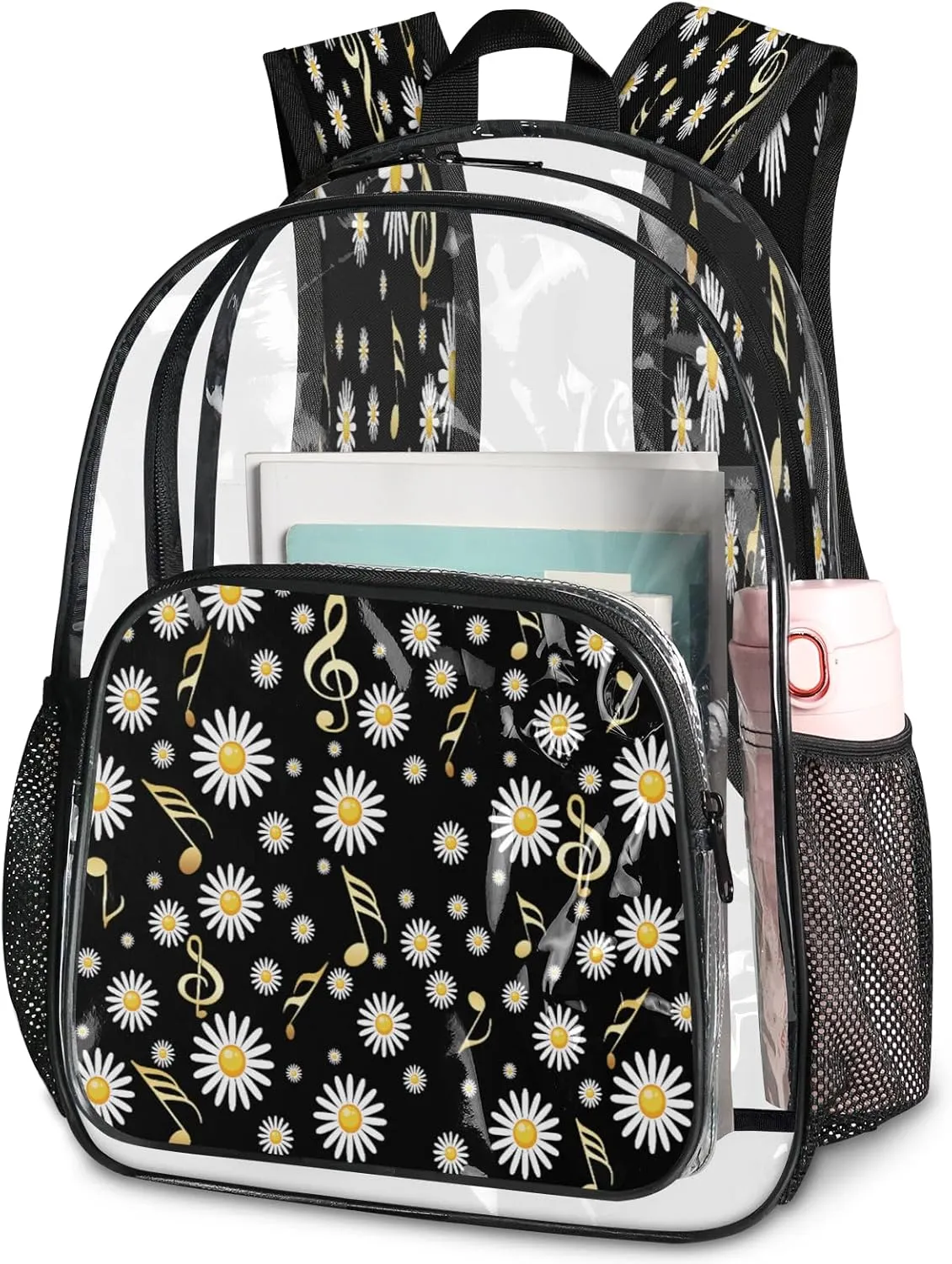 KOBLEN Daisy Music Fusion 17.1 Inch Clear Backpack, Heavy Duty Transparent PVC Daypack with Adjustable Padded Straps, Large Capacity Clear Bag for Festival, Concerts, Travel