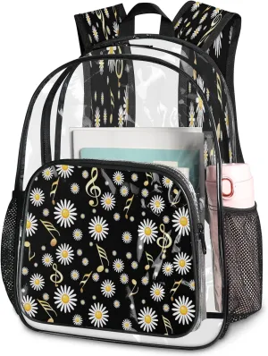 KOBLEN Daisy Music Fusion 17.1 Inch Clear Backpack, Heavy Duty Transparent PVC Daypack with Adjustable Padded Straps, Large Capacity Clear Bag for Festival, Concerts, Travel