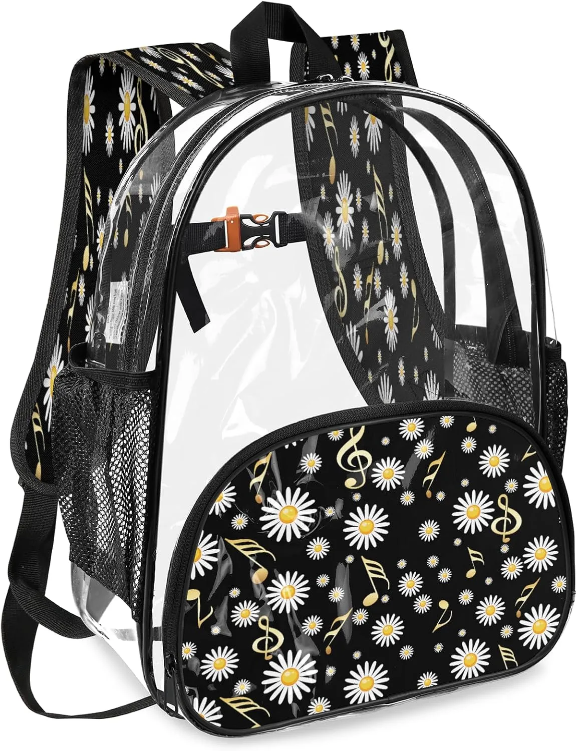 KOBLEN Daisy Music Fusion 17.1 Inch Clear Backpack, Heavy Duty Transparent PVC Daypack with Adjustable Padded Straps, Large Capacity Clear Bag for Festival, Concerts, Travel