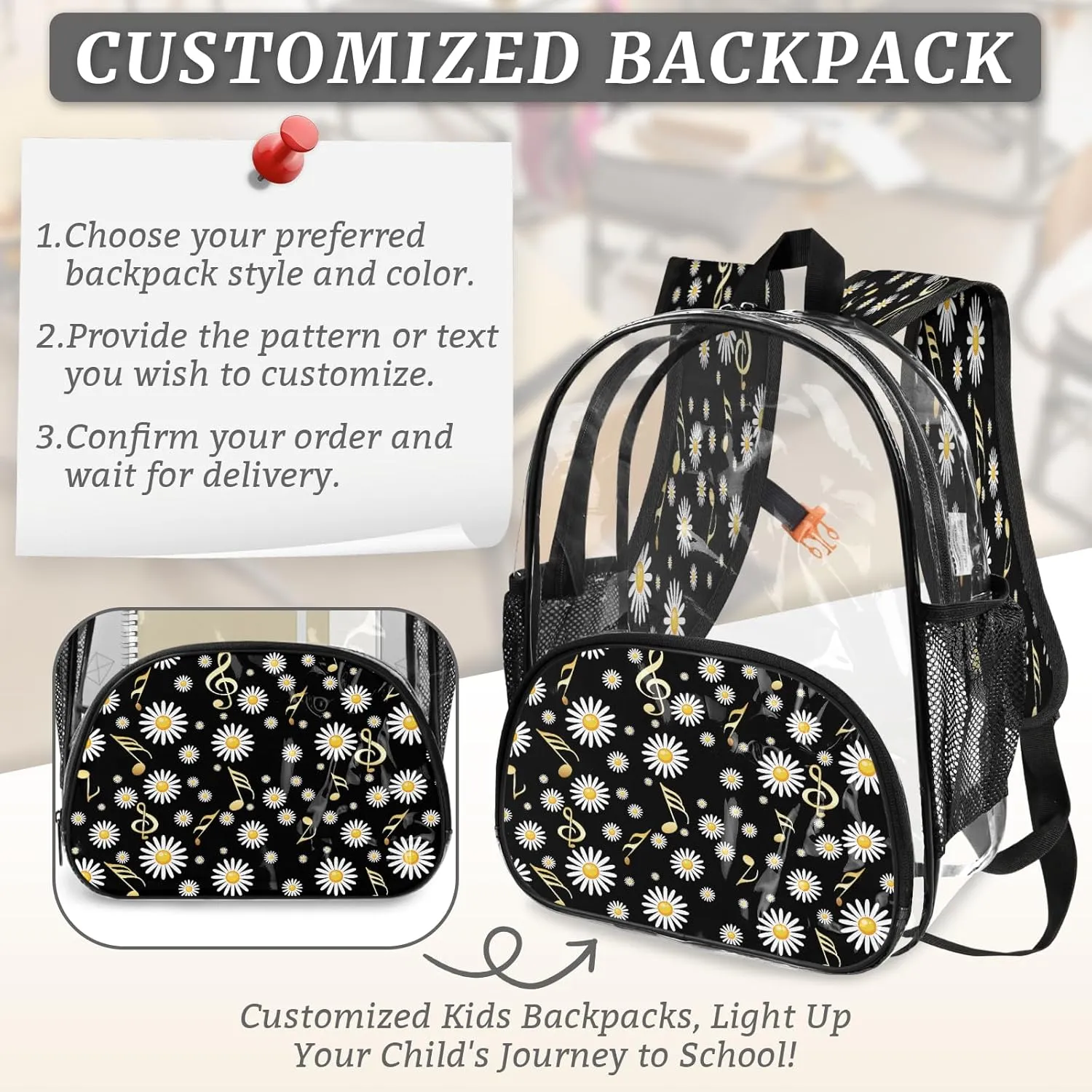 KOBLEN Daisy Music Fusion 17.1 Inch Clear Backpack, Heavy Duty Transparent PVC Daypack with Adjustable Padded Straps, Large Capacity Clear Bag for Festival, Concerts, Travel