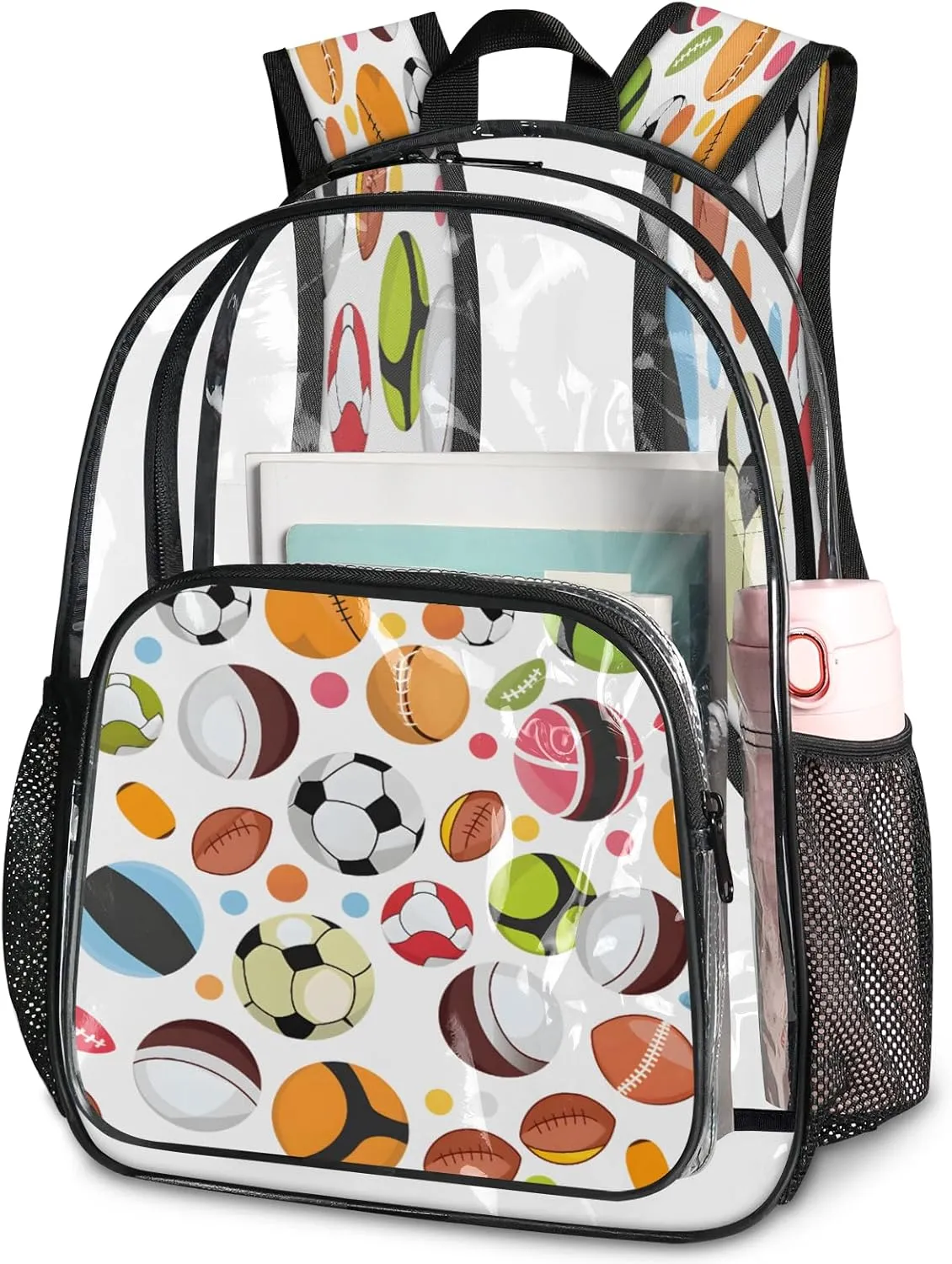 KOBLEN Diverse Ball Patterns 17.1 Inch Clear Backpack, Heavy Duty Transparent PVC Daypack with Adjustable Padded Straps, Large Capacity Clear Bag for Festival, Concerts, Travel