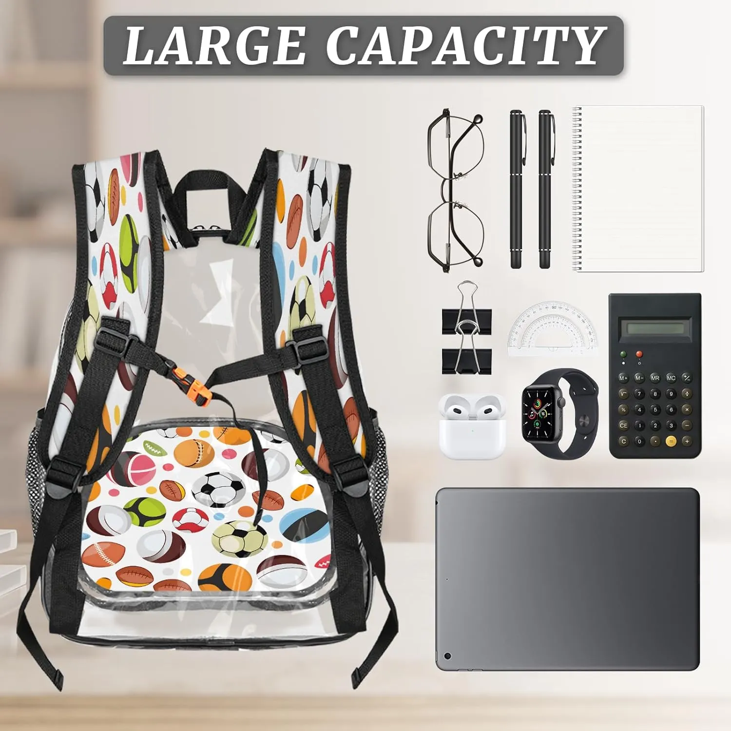 KOBLEN Diverse Ball Patterns 17.1 Inch Clear Backpack, Heavy Duty Transparent PVC Daypack with Adjustable Padded Straps, Large Capacity Clear Bag for Festival, Concerts, Travel