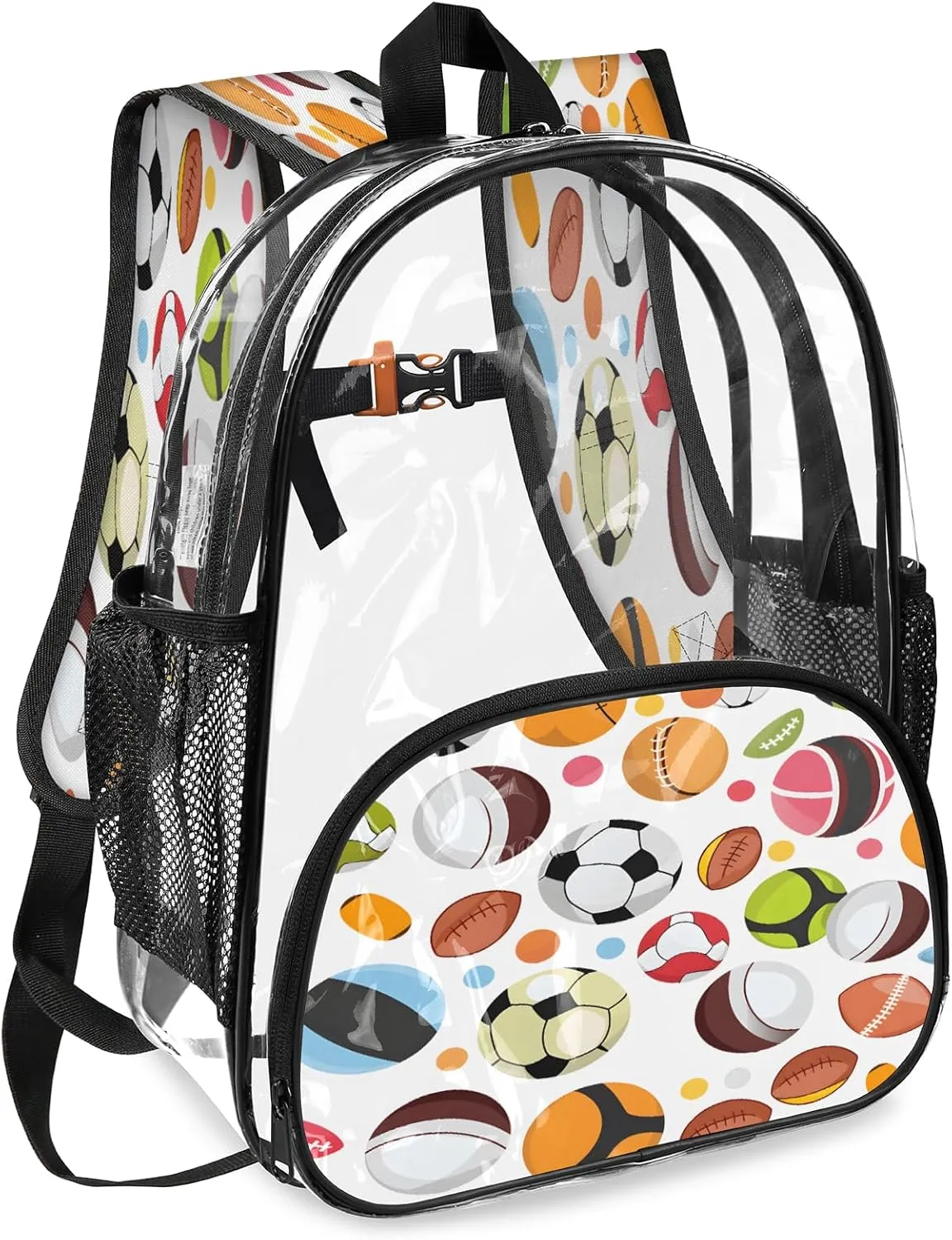 KOBLEN Diverse Ball Patterns 17.1 Inch Clear Backpack, Heavy Duty Transparent PVC Daypack with Adjustable Padded Straps, Large Capacity Clear Bag for Festival, Concerts, Travel