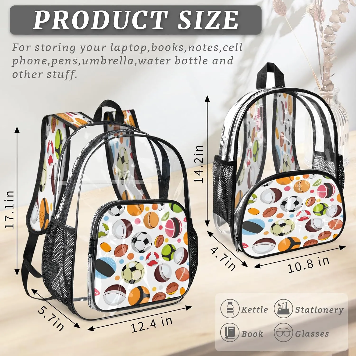 KOBLEN Diverse Ball Patterns 17.1 Inch Clear Backpack, Heavy Duty Transparent PVC Daypack with Adjustable Padded Straps, Large Capacity Clear Bag for Festival, Concerts, Travel