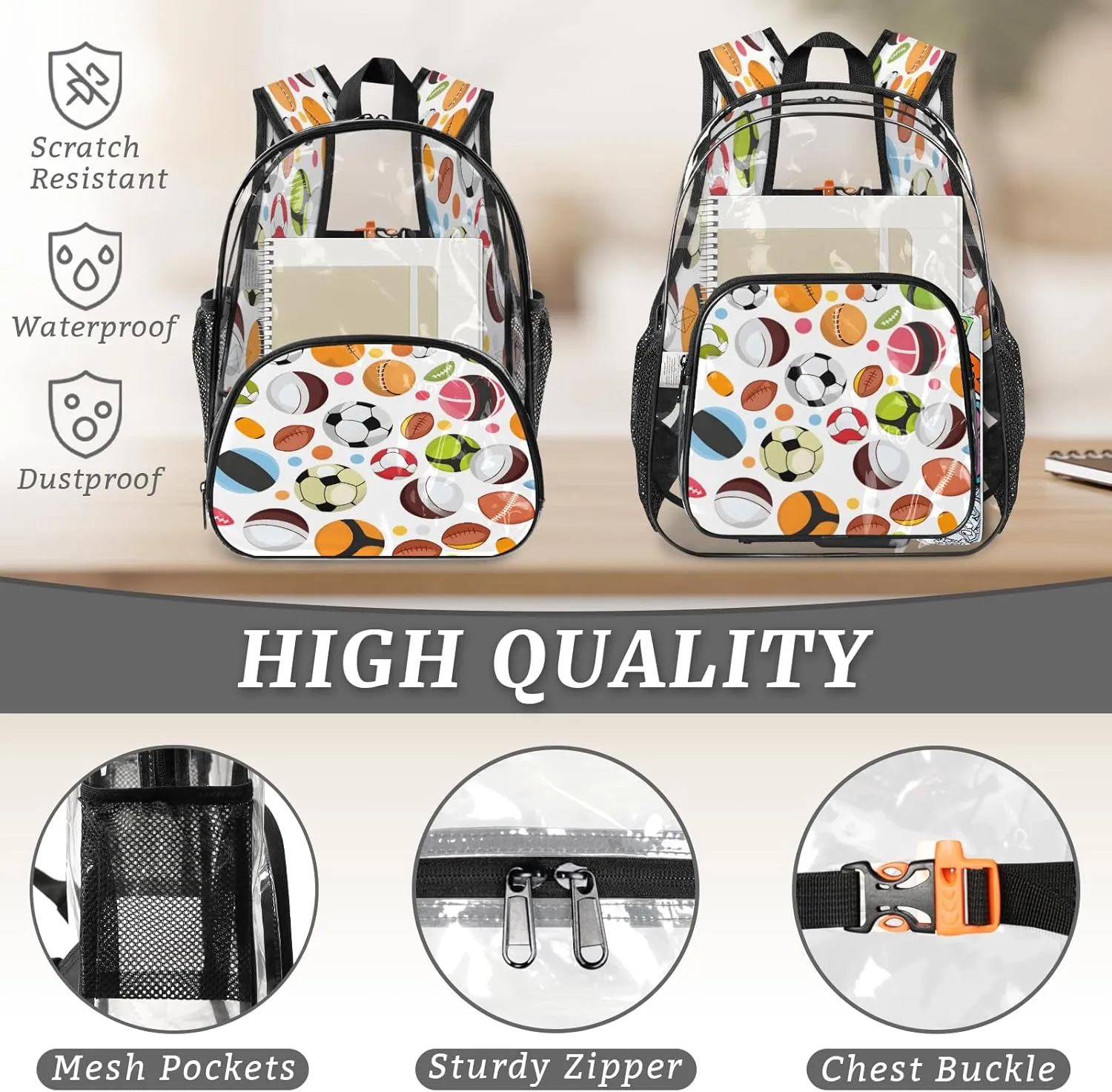 KOBLEN Diverse Ball Patterns 17.1 Inch Clear Backpack, Heavy Duty Transparent PVC Daypack with Adjustable Padded Straps, Large Capacity Clear Bag for Festival, Concerts, Travel