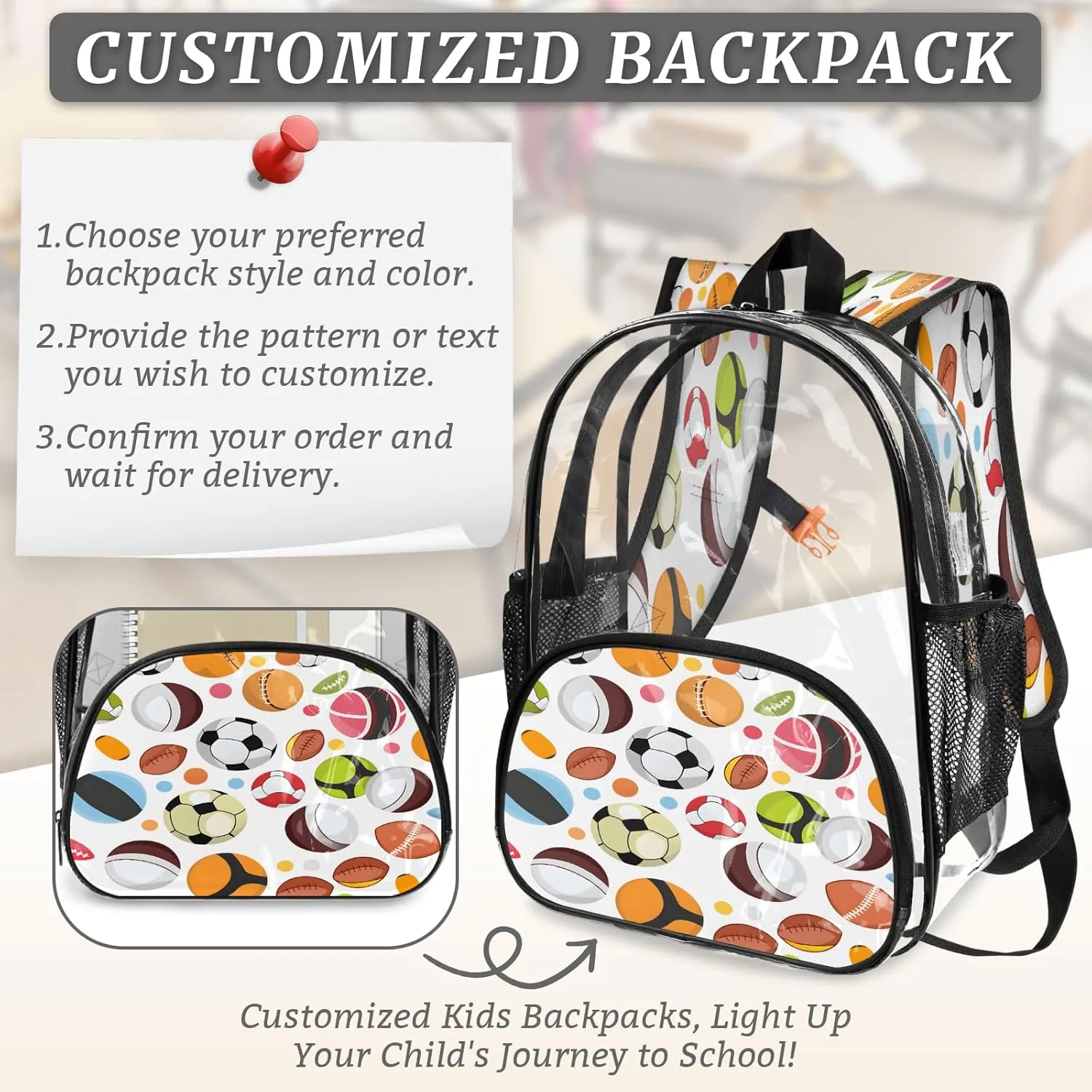KOBLEN Diverse Ball Patterns 17.1 Inch Clear Backpack, Heavy Duty Transparent PVC Daypack with Adjustable Padded Straps, Large Capacity Clear Bag for Festival, Concerts, Travel