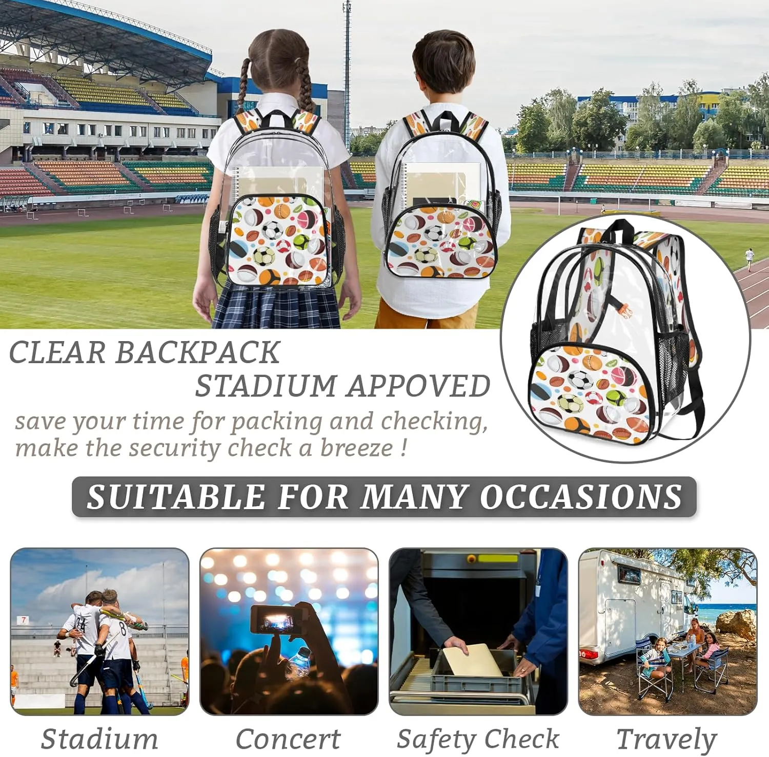 KOBLEN Diverse Ball Patterns 17.1 Inch Clear Backpack, Heavy Duty Transparent PVC Daypack with Adjustable Padded Straps, Large Capacity Clear Bag for Festival, Concerts, Travel
