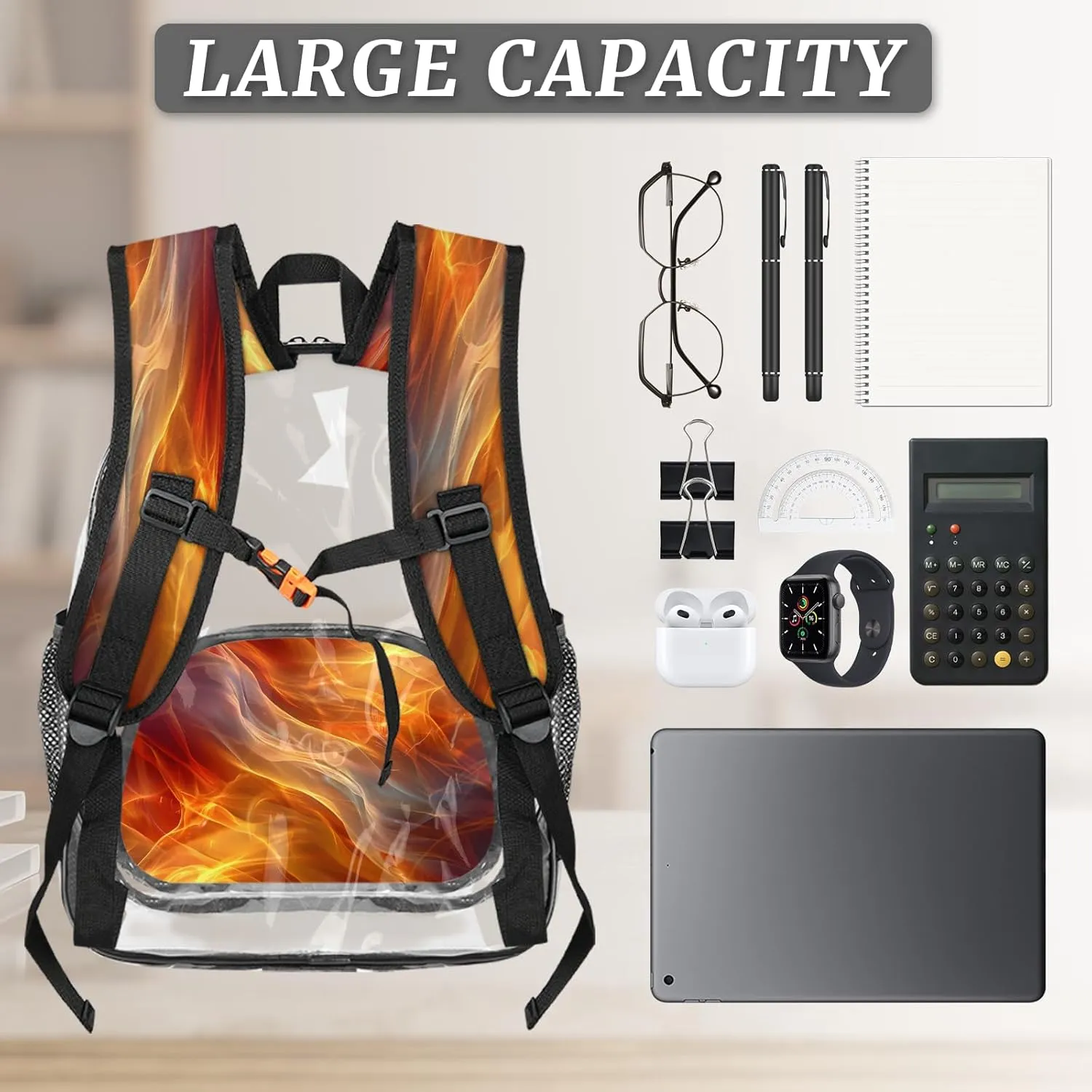 KOBLEN Fiery Flowing Waves 14.2 Inch Clear Backpack, Heavy Duty Transparent PVC Daypack with Adjustable Padded Straps, Large Capacity Clear Bag for Festival, Concerts, Travel