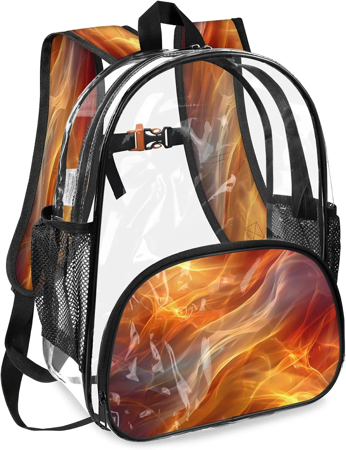 KOBLEN Fiery Flowing Waves 14.2 Inch Clear Backpack, Heavy Duty Transparent PVC Daypack with Adjustable Padded Straps, Large Capacity Clear Bag for Festival, Concerts, Travel