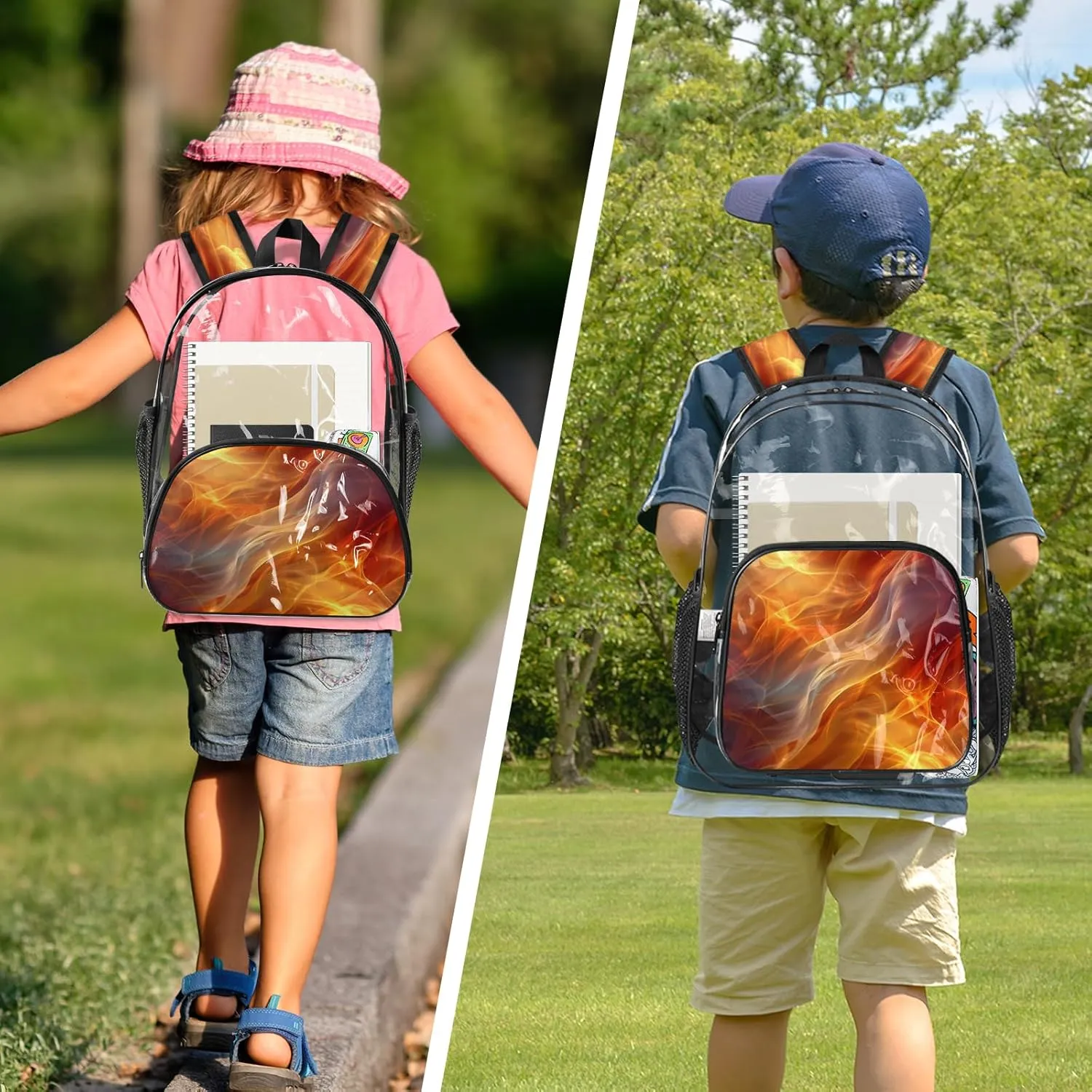 KOBLEN Fiery Flowing Waves 14.2 Inch Clear Backpack, Heavy Duty Transparent PVC Daypack with Adjustable Padded Straps, Large Capacity Clear Bag for Festival, Concerts, Travel