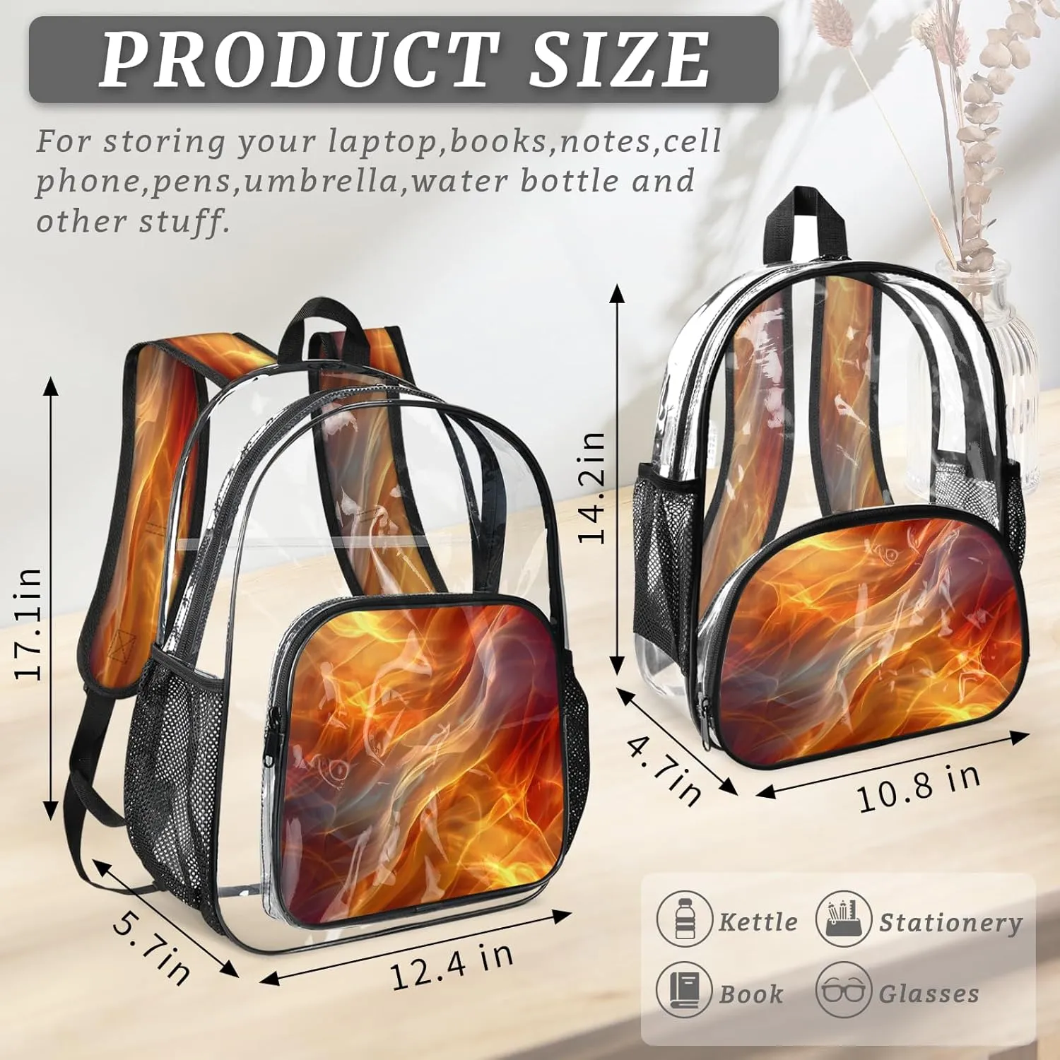 KOBLEN Fiery Flowing Waves 14.2 Inch Clear Backpack, Heavy Duty Transparent PVC Daypack with Adjustable Padded Straps, Large Capacity Clear Bag for Festival, Concerts, Travel