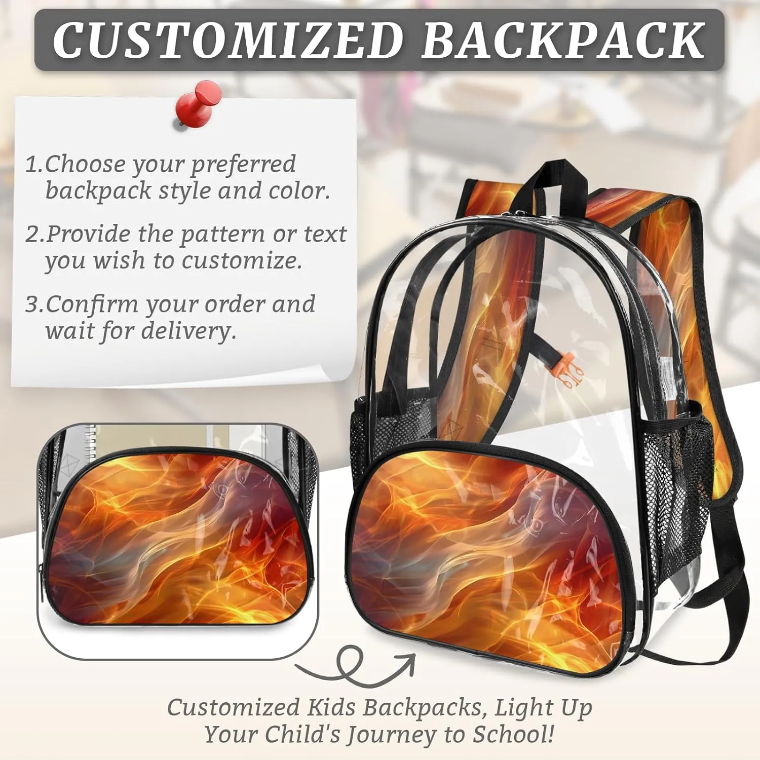 KOBLEN Fiery Flowing Waves 14.2 Inch Clear Backpack, Heavy Duty Transparent PVC Daypack with Adjustable Padded Straps, Large Capacity Clear Bag for Festival, Concerts, Travel