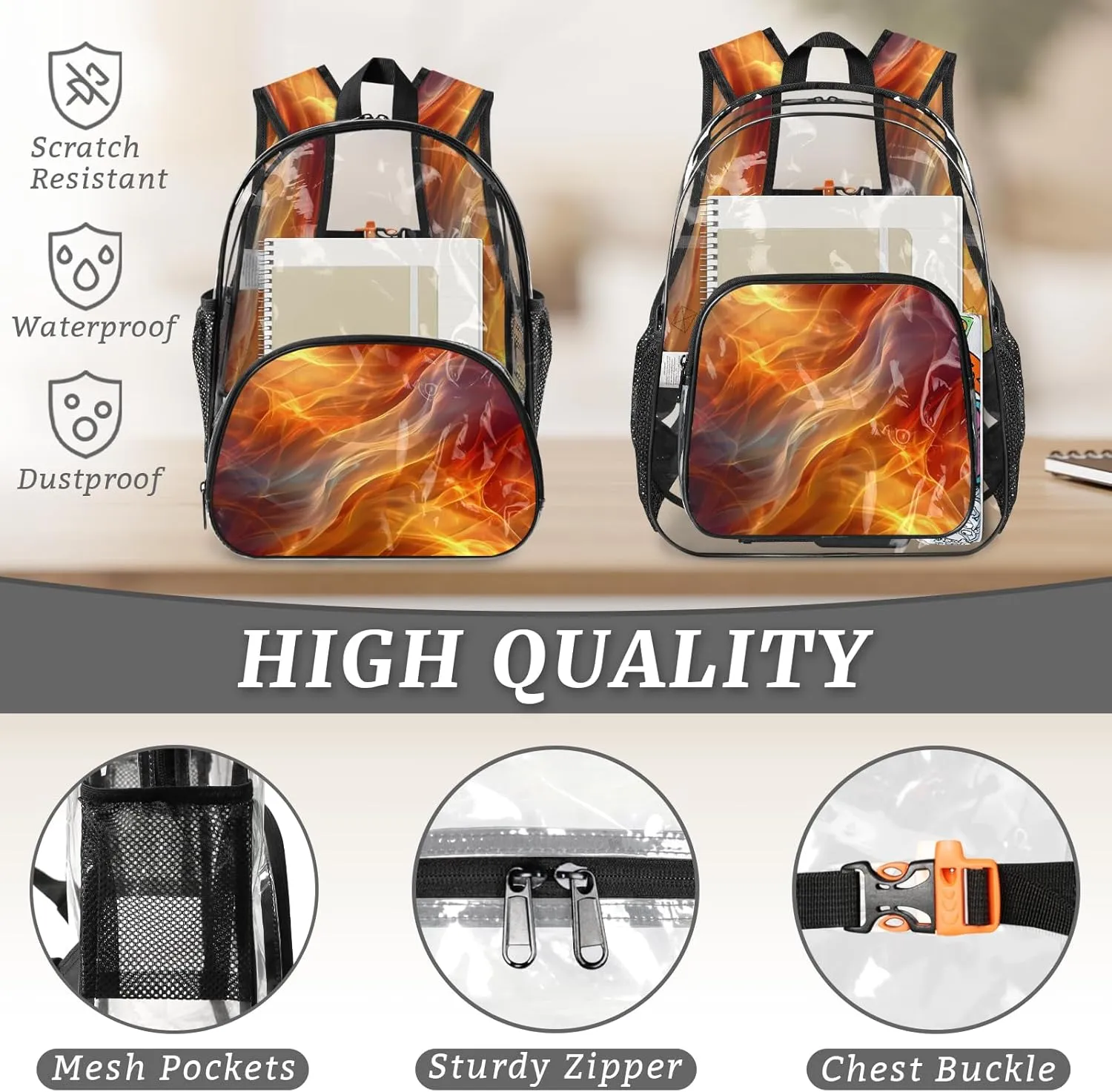KOBLEN Fiery Flowing Waves 14.2 Inch Clear Backpack, Heavy Duty Transparent PVC Daypack with Adjustable Padded Straps, Large Capacity Clear Bag for Festival, Concerts, Travel