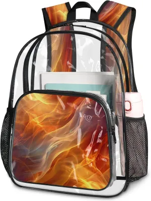 KOBLEN Fiery Flowing Waves 14.2 Inch Clear Backpack, Heavy Duty Transparent PVC Daypack with Adjustable Padded Straps, Large Capacity Clear Bag for Festival, Concerts, Travel