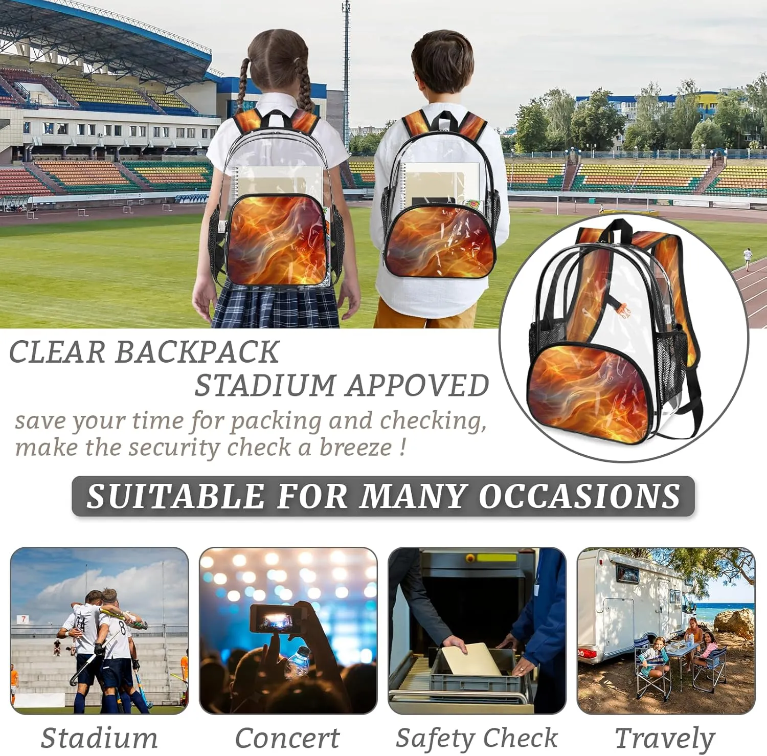 KOBLEN Fiery Flowing Waves 14.2 Inch Clear Backpack, Heavy Duty Transparent PVC Daypack with Adjustable Padded Straps, Large Capacity Clear Bag for Festival, Concerts, Travel