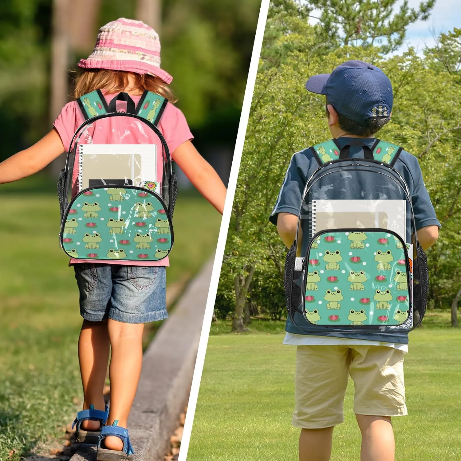 KOBLEN Frog And Lotus Pattern 17.1 Inch Clear Backpack, Heavy Duty Transparent PVC Daypack with Adjustable Padded Straps, Large Capacity Clear Bag for Festival, Concerts, Travel
