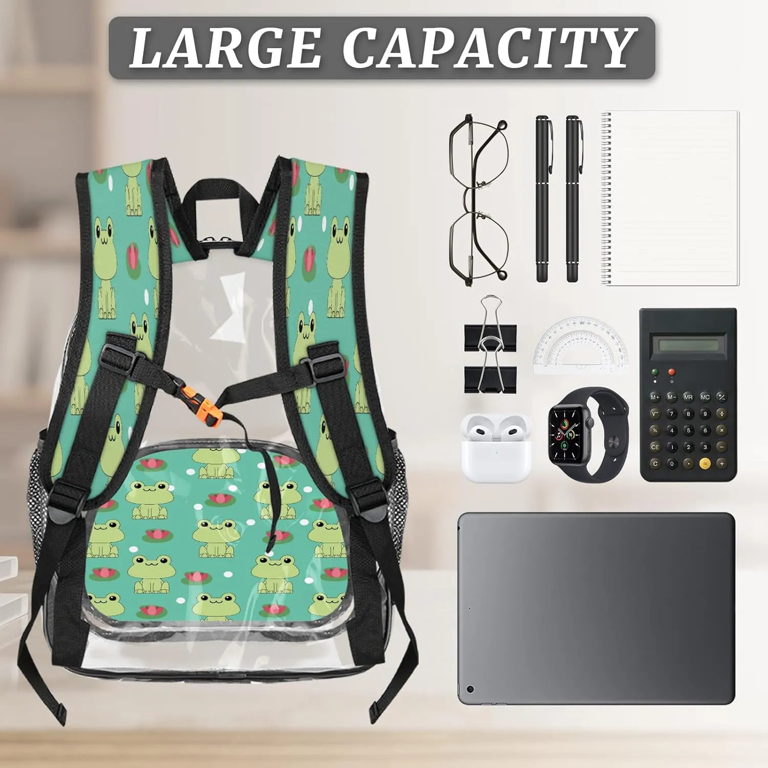 KOBLEN Frog And Lotus Pattern 17.1 Inch Clear Backpack, Heavy Duty Transparent PVC Daypack with Adjustable Padded Straps, Large Capacity Clear Bag for Festival, Concerts, Travel