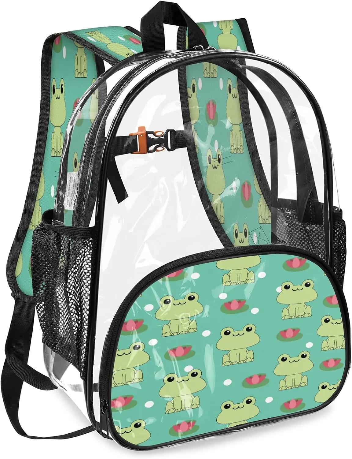 KOBLEN Frog And Lotus Pattern 17.1 Inch Clear Backpack, Heavy Duty Transparent PVC Daypack with Adjustable Padded Straps, Large Capacity Clear Bag for Festival, Concerts, Travel