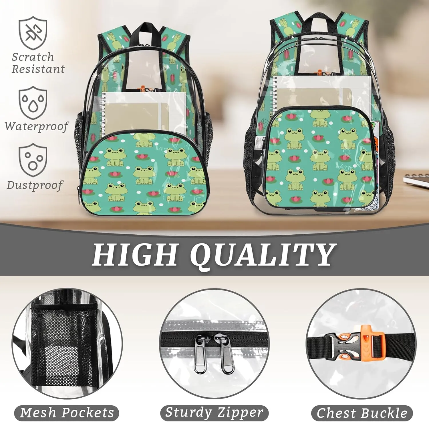 KOBLEN Frog And Lotus Pattern 17.1 Inch Clear Backpack, Heavy Duty Transparent PVC Daypack with Adjustable Padded Straps, Large Capacity Clear Bag for Festival, Concerts, Travel