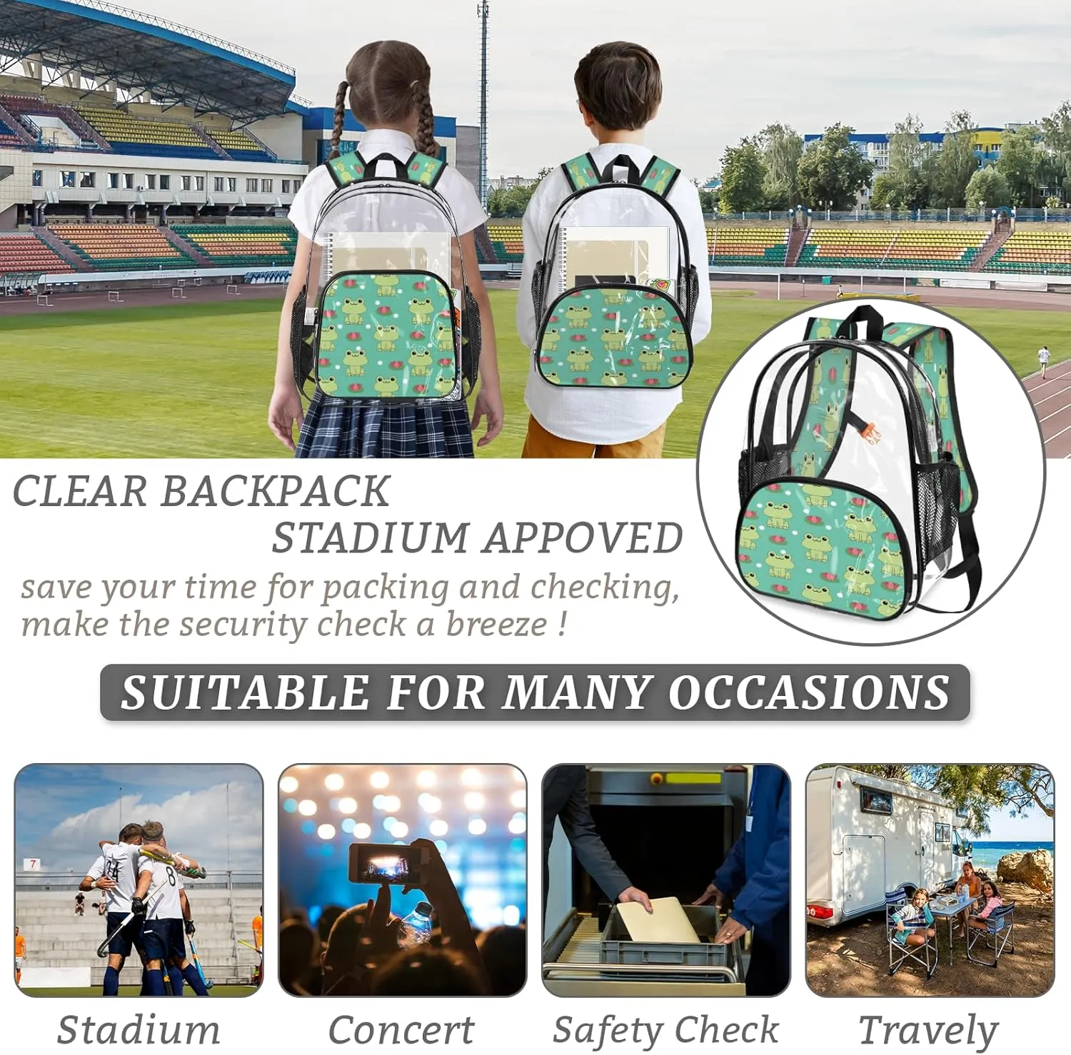 KOBLEN Frog And Lotus Pattern 17.1 Inch Clear Backpack, Heavy Duty Transparent PVC Daypack with Adjustable Padded Straps, Large Capacity Clear Bag for Festival, Concerts, Travel