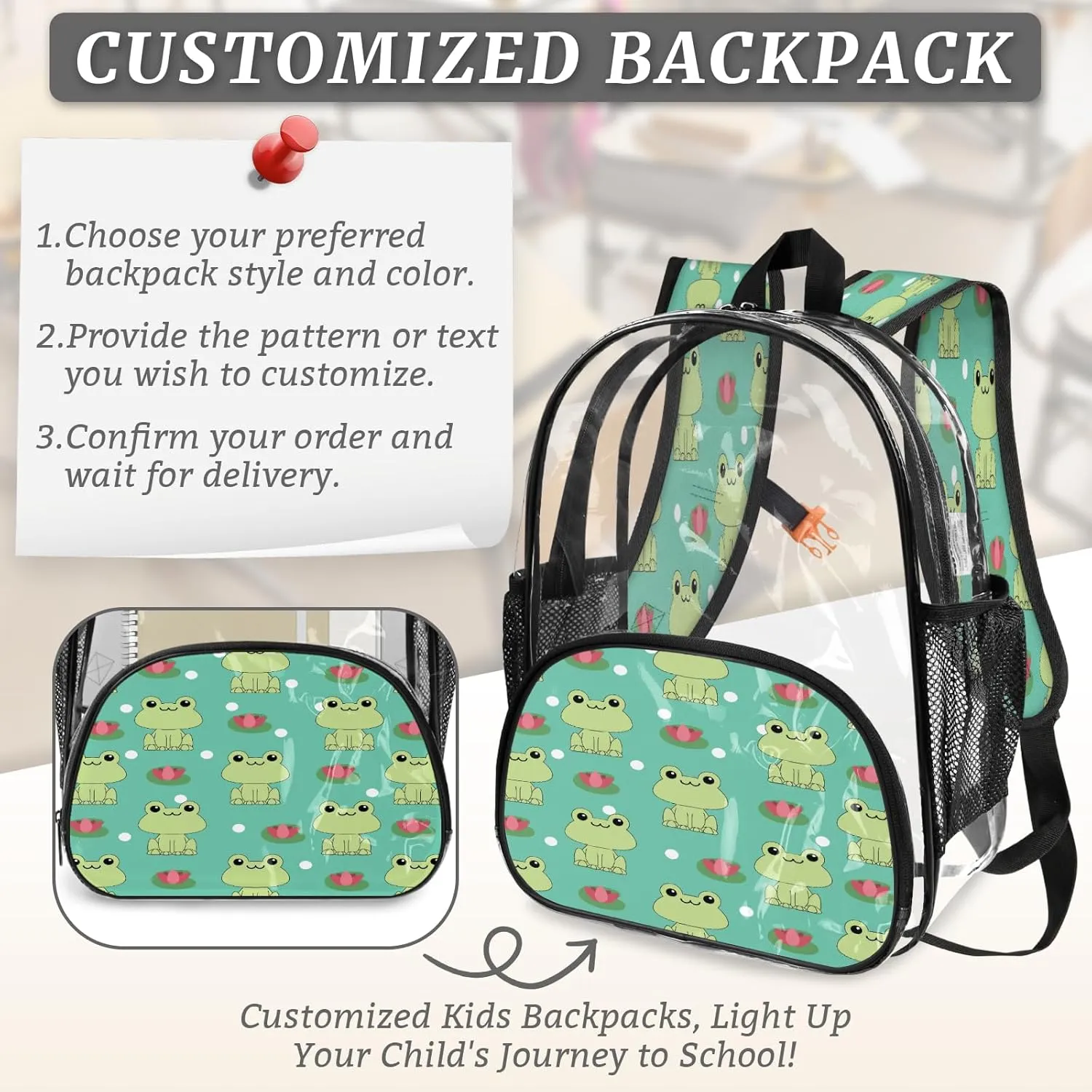 KOBLEN Frog And Lotus Pattern 17.1 Inch Clear Backpack, Heavy Duty Transparent PVC Daypack with Adjustable Padded Straps, Large Capacity Clear Bag for Festival, Concerts, Travel