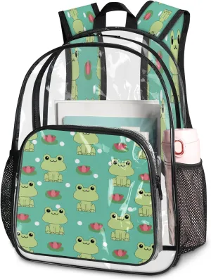 KOBLEN Frog And Lotus Pattern 17.1 Inch Clear Backpack, Heavy Duty Transparent PVC Daypack with Adjustable Padded Straps, Large Capacity Clear Bag for Festival, Concerts, Travel