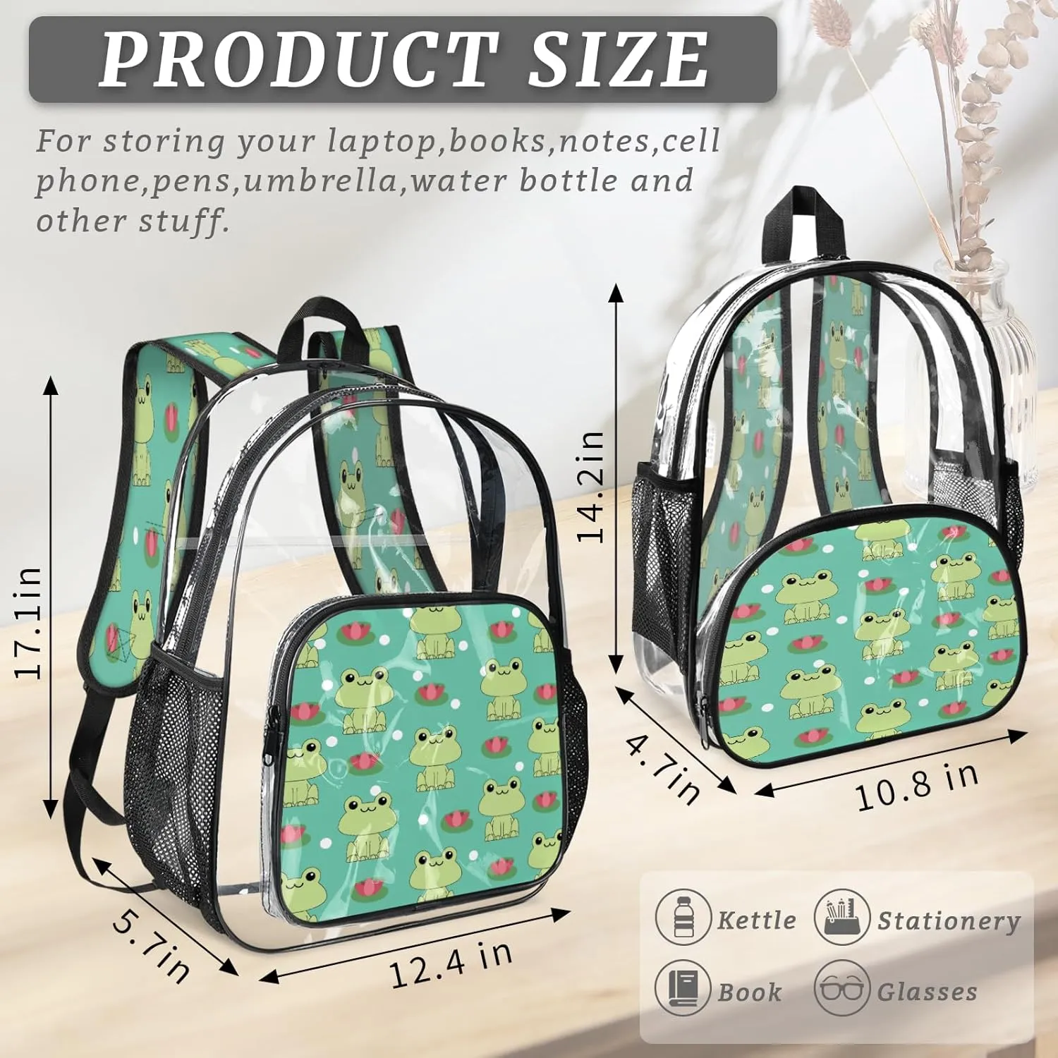 KOBLEN Frog And Lotus Pattern 17.1 Inch Clear Backpack, Heavy Duty Transparent PVC Daypack with Adjustable Padded Straps, Large Capacity Clear Bag for Festival, Concerts, Travel