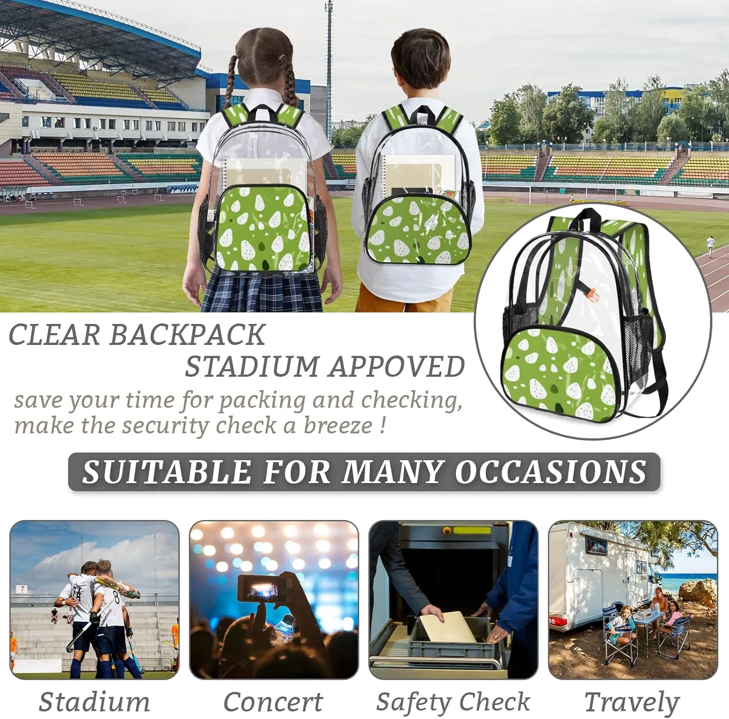 KOBLEN Green Droplets Dots 17.1 Inch Clear Backpack, Heavy Duty Transparent PVC Daypack with Adjustable Padded Straps, Large Capacity Clear Bag for Festival, Concerts, Travel