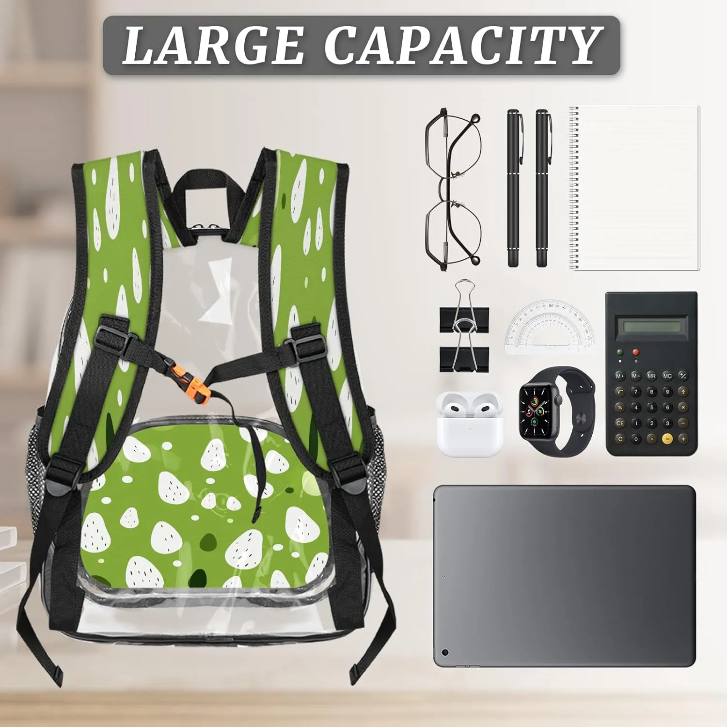 KOBLEN Green Droplets Dots 17.1 Inch Clear Backpack, Heavy Duty Transparent PVC Daypack with Adjustable Padded Straps, Large Capacity Clear Bag for Festival, Concerts, Travel