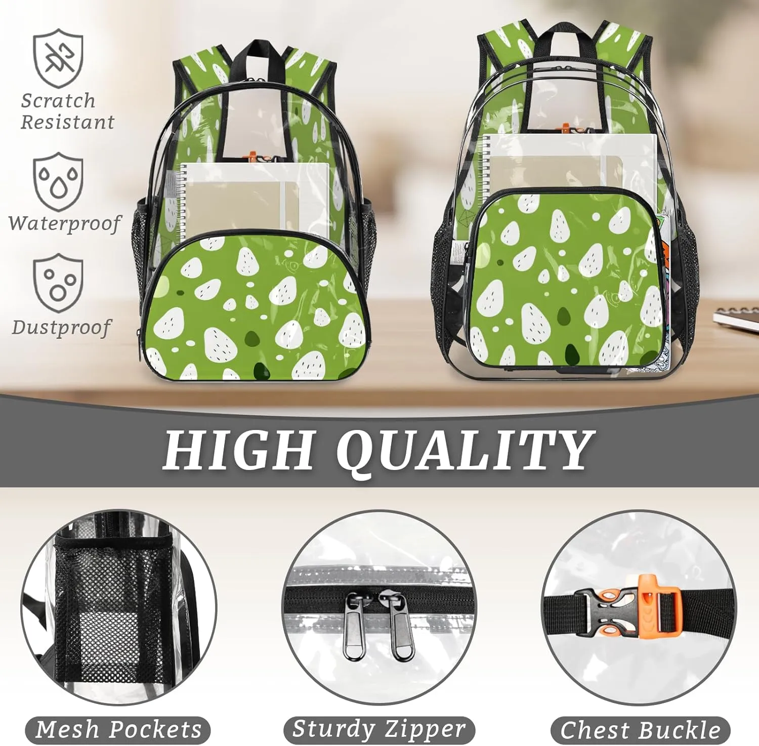 KOBLEN Green Droplets Dots 17.1 Inch Clear Backpack, Heavy Duty Transparent PVC Daypack with Adjustable Padded Straps, Large Capacity Clear Bag for Festival, Concerts, Travel