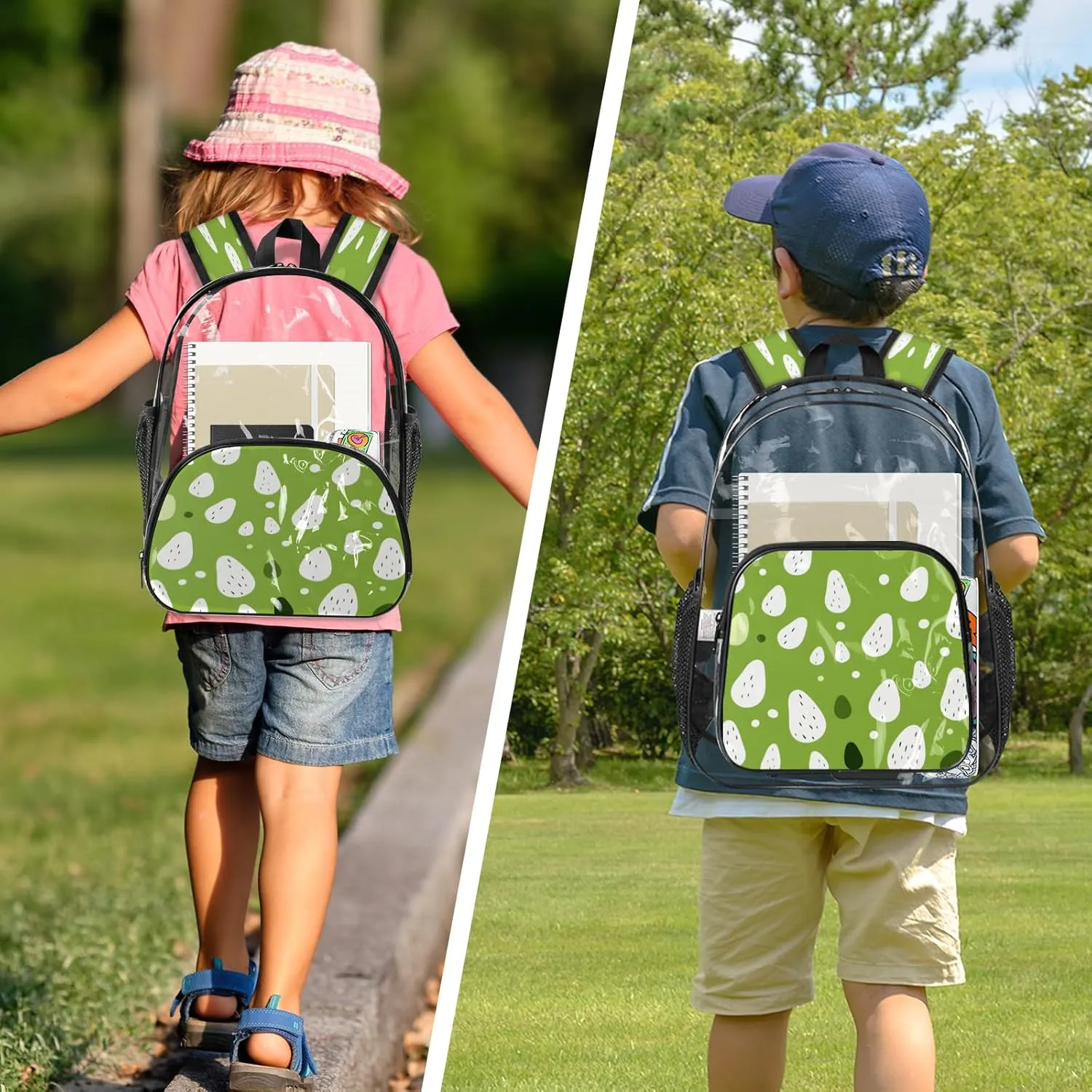 KOBLEN Green Droplets Dots 17.1 Inch Clear Backpack, Heavy Duty Transparent PVC Daypack with Adjustable Padded Straps, Large Capacity Clear Bag for Festival, Concerts, Travel