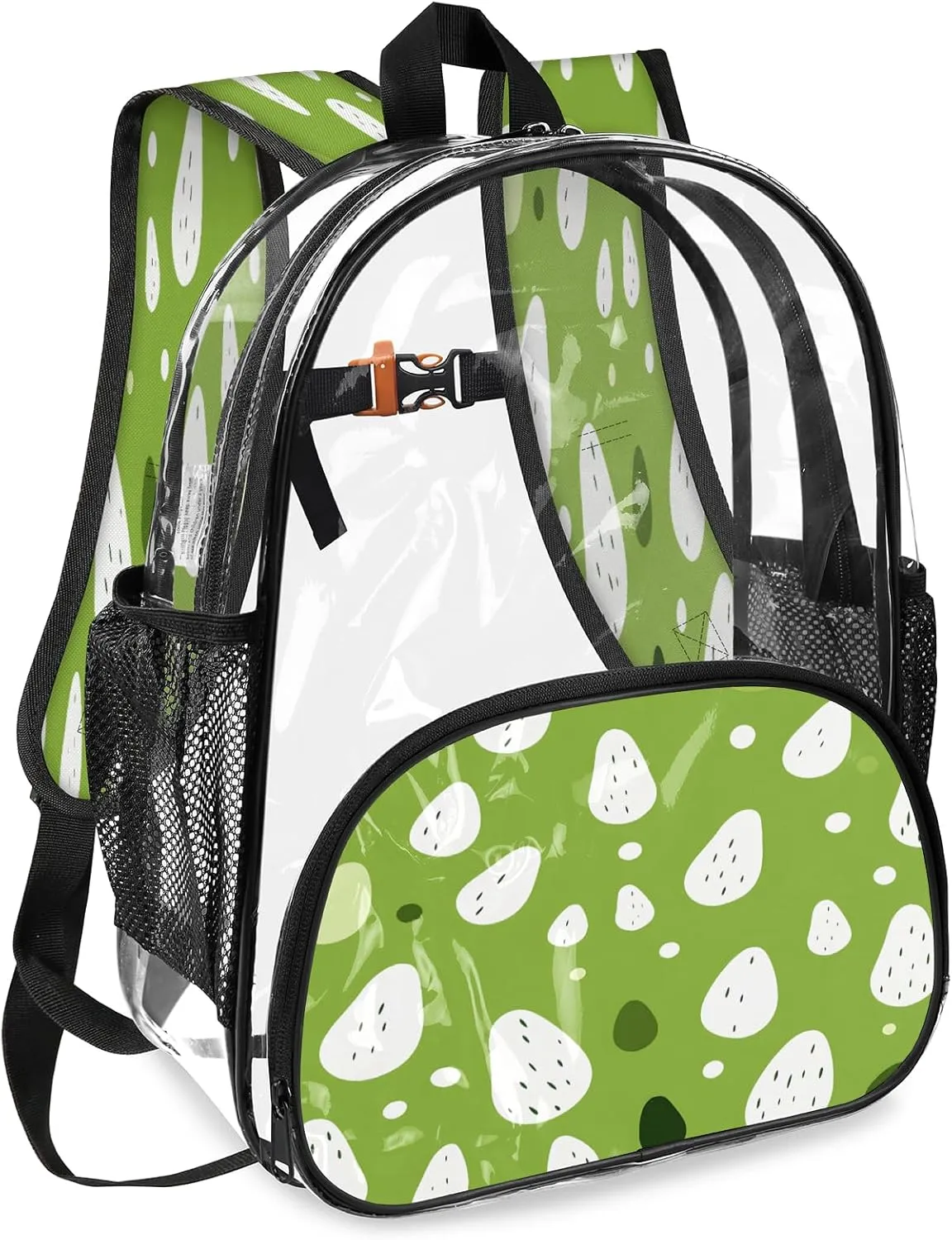 KOBLEN Green Droplets Dots 17.1 Inch Clear Backpack, Heavy Duty Transparent PVC Daypack with Adjustable Padded Straps, Large Capacity Clear Bag for Festival, Concerts, Travel