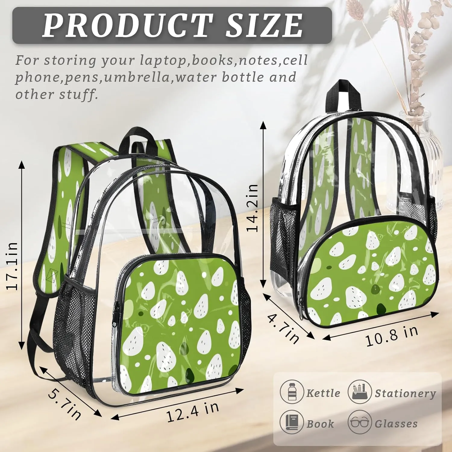 KOBLEN Green Droplets Dots 17.1 Inch Clear Backpack, Heavy Duty Transparent PVC Daypack with Adjustable Padded Straps, Large Capacity Clear Bag for Festival, Concerts, Travel
