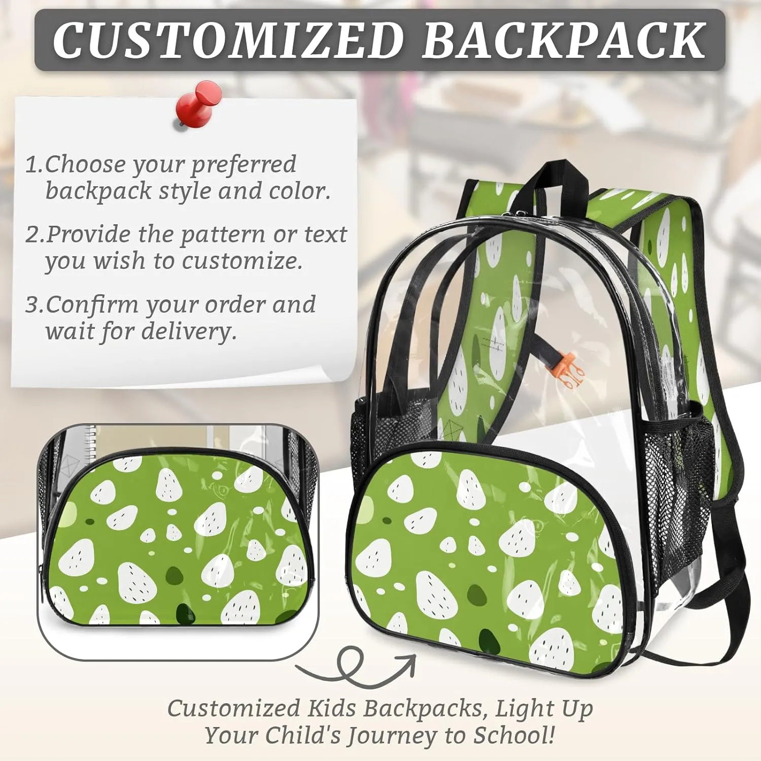 KOBLEN Green Droplets Dots 17.1 Inch Clear Backpack, Heavy Duty Transparent PVC Daypack with Adjustable Padded Straps, Large Capacity Clear Bag for Festival, Concerts, Travel