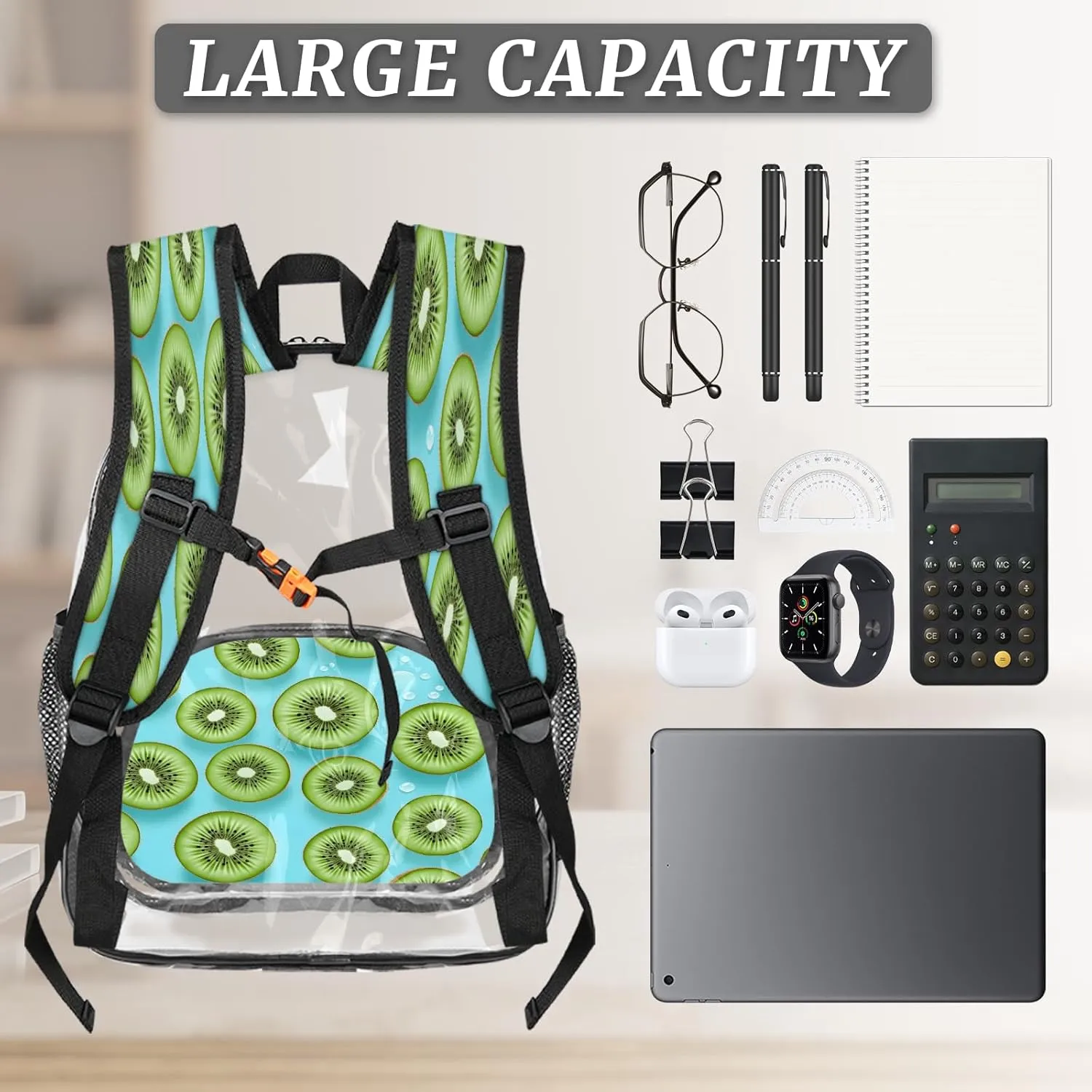 KOBLEN Green Fruit Slices Art 17.1 Inch Clear Backpack, Heavy Duty Transparent PVC Daypack with Adjustable Padded Straps, Large Capacity Clear Bag for Festival, Concerts, Travel