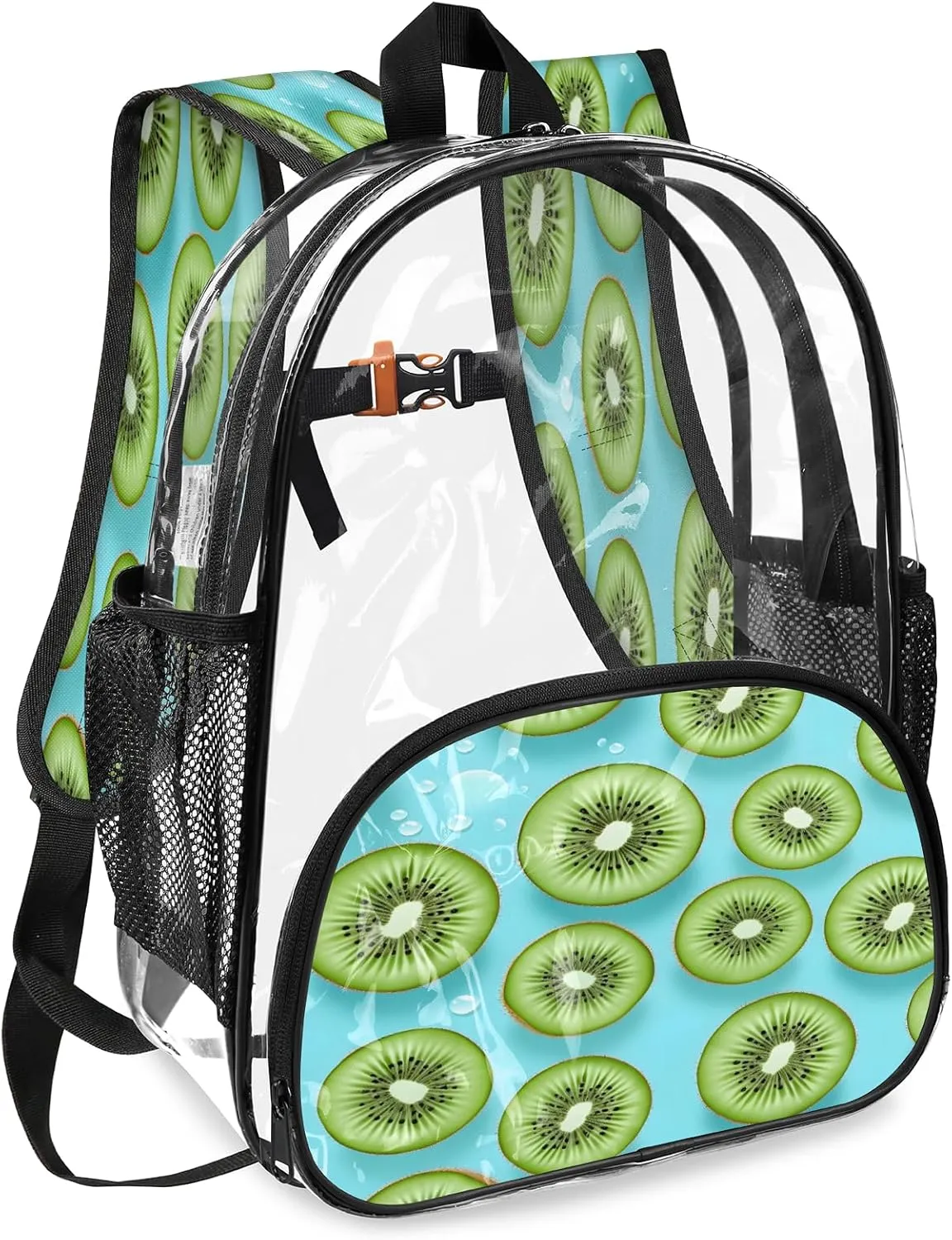KOBLEN Green Fruit Slices Art 17.1 Inch Clear Backpack, Heavy Duty Transparent PVC Daypack with Adjustable Padded Straps, Large Capacity Clear Bag for Festival, Concerts, Travel