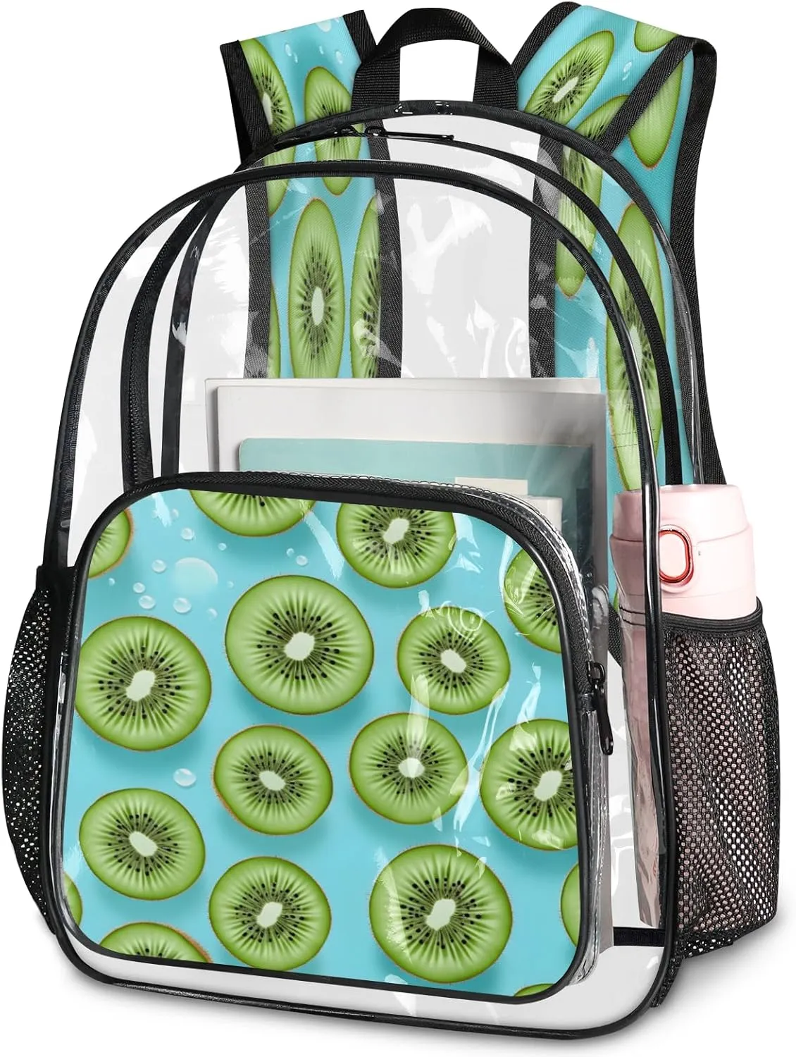 KOBLEN Green Fruit Slices Art 17.1 Inch Clear Backpack, Heavy Duty Transparent PVC Daypack with Adjustable Padded Straps, Large Capacity Clear Bag for Festival, Concerts, Travel