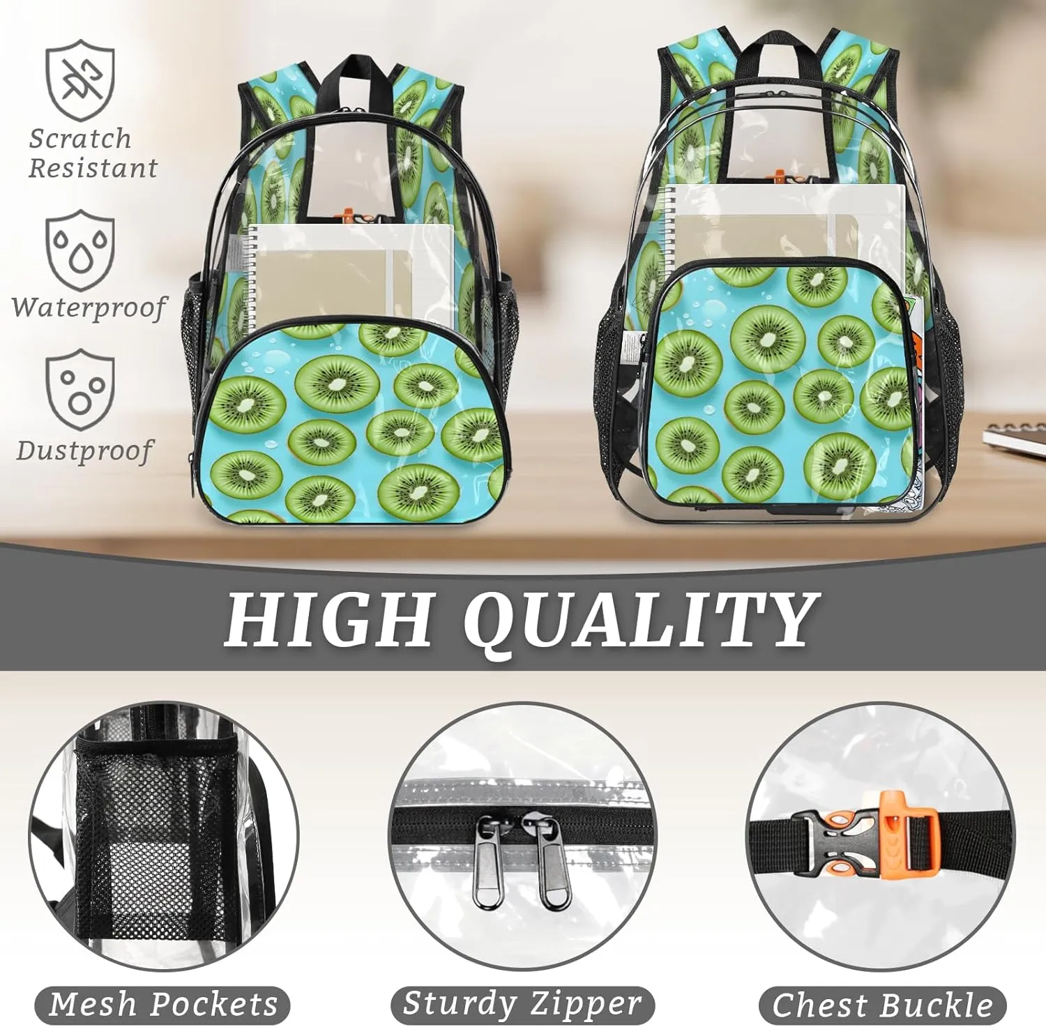 KOBLEN Green Fruit Slices Art 17.1 Inch Clear Backpack, Heavy Duty Transparent PVC Daypack with Adjustable Padded Straps, Large Capacity Clear Bag for Festival, Concerts, Travel