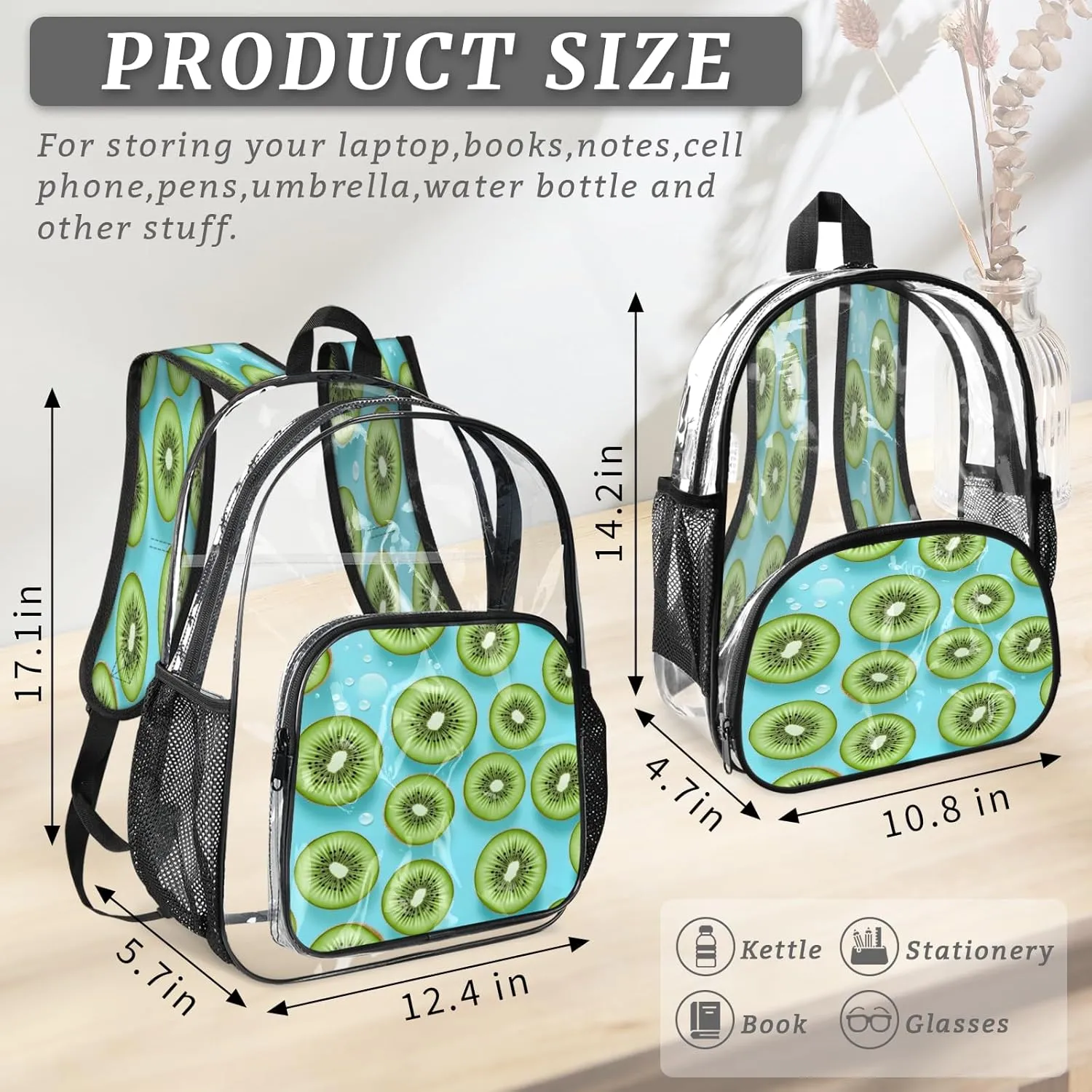 KOBLEN Green Fruit Slices Art 17.1 Inch Clear Backpack, Heavy Duty Transparent PVC Daypack with Adjustable Padded Straps, Large Capacity Clear Bag for Festival, Concerts, Travel